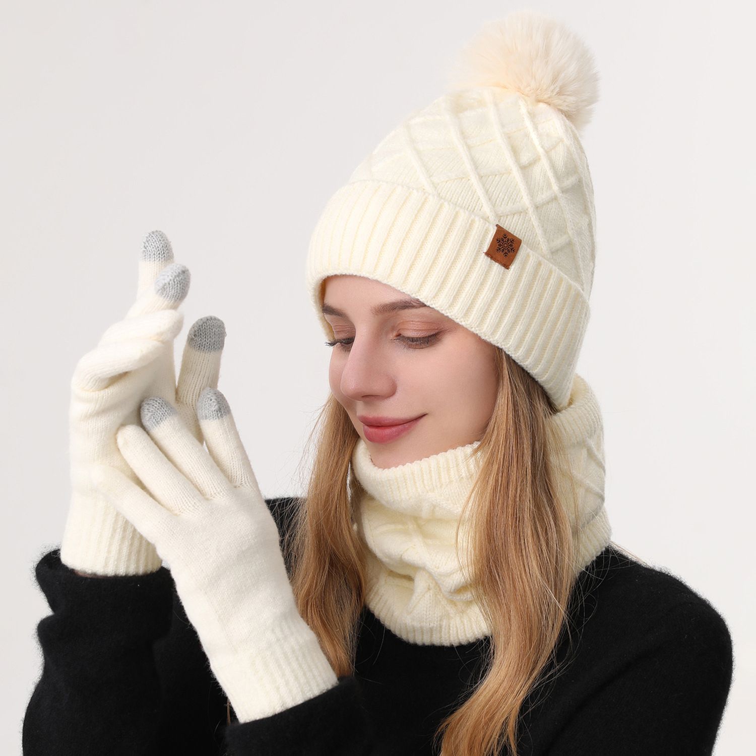 Women Milky-White Argyle 3-Piece Set-Hat Scarf and Gloves - Image 1
