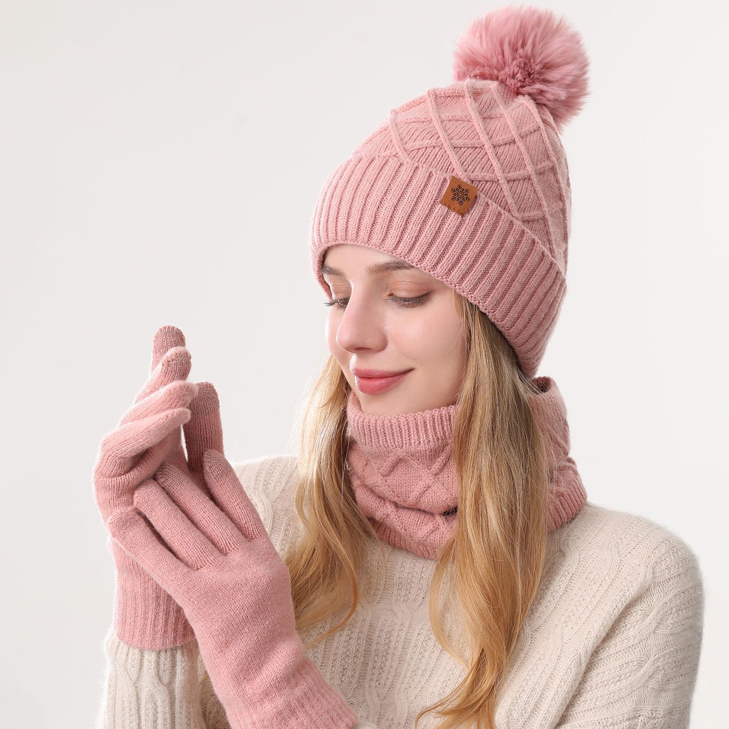 Women Pink Argyle 3-Piece Set-Hat Scarf and Gloves - Image 1
