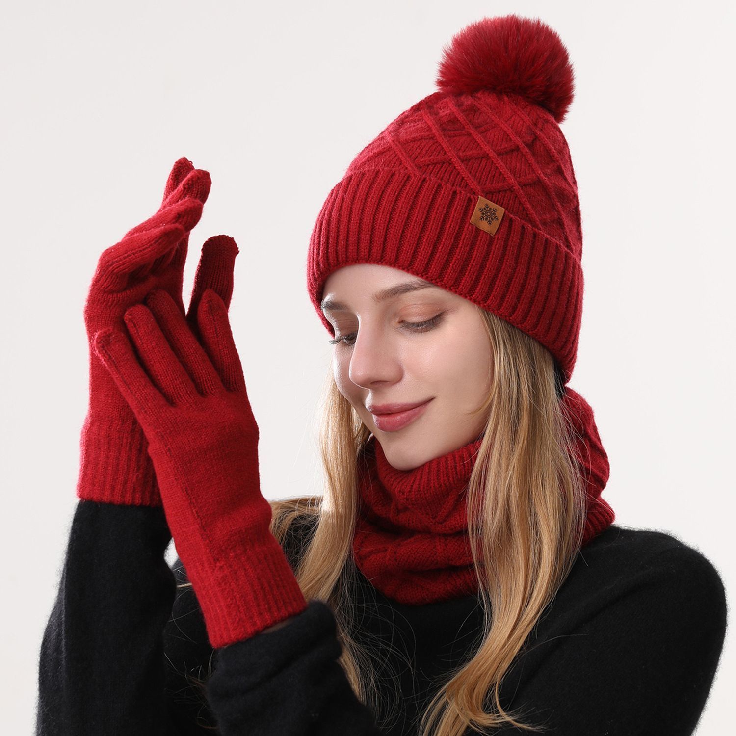 Women Red Argyle 3-Piece Set-Hat Scarf and Gloves - Image 1