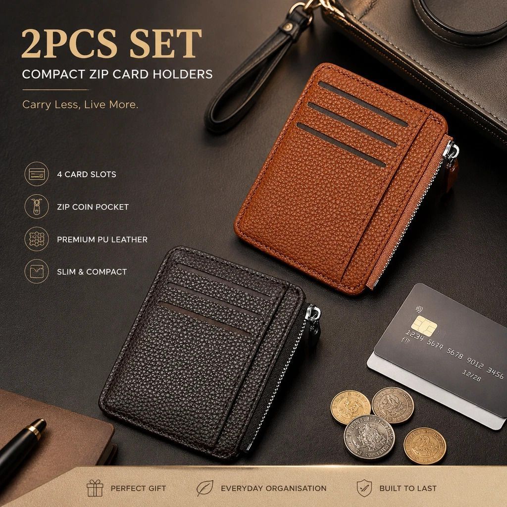Brown & Coffee Vertical Card Clip 2 Piece Set Vintage Lychee Texture Multi Card Slots - Image 1