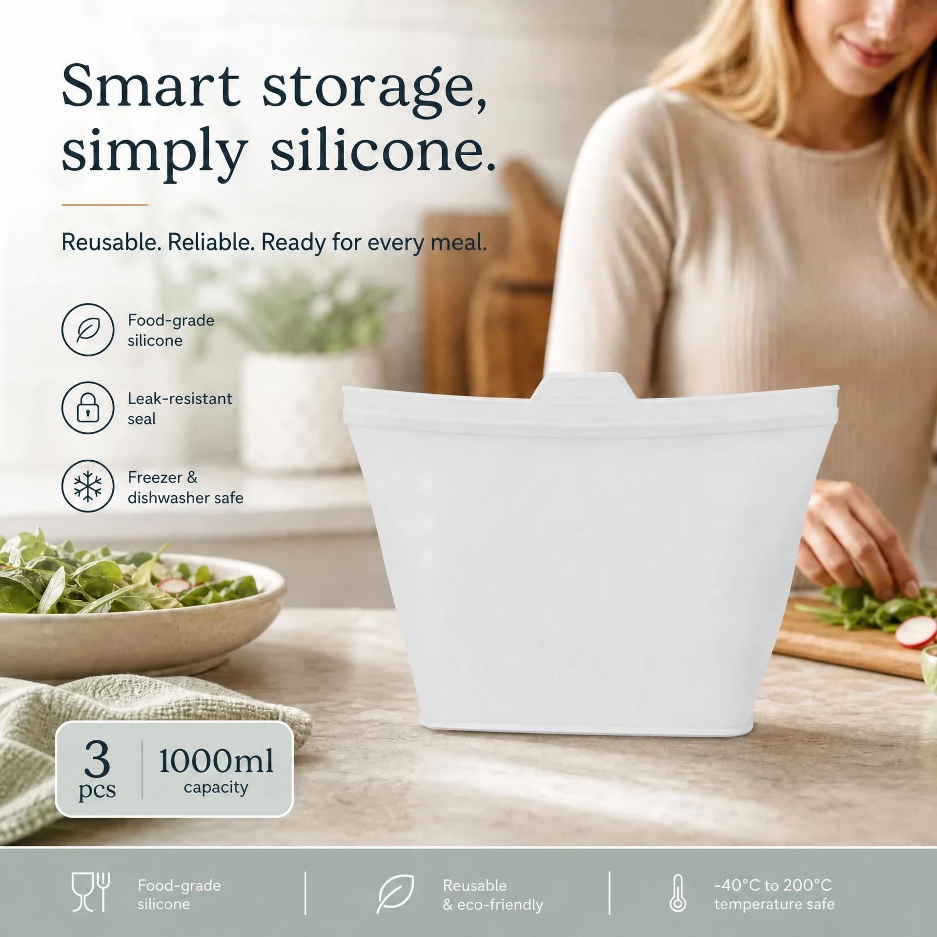 3 Pack Food-Grade Silicone Food Storage Bags, Clear, 1000ml - Image 1
