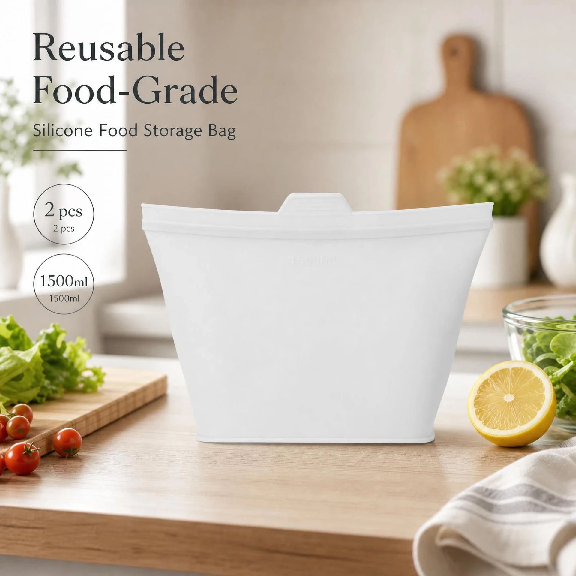 2 Pack Food-Grade Silicone Food Storage Bags, Clear, 1500ml - Image 1