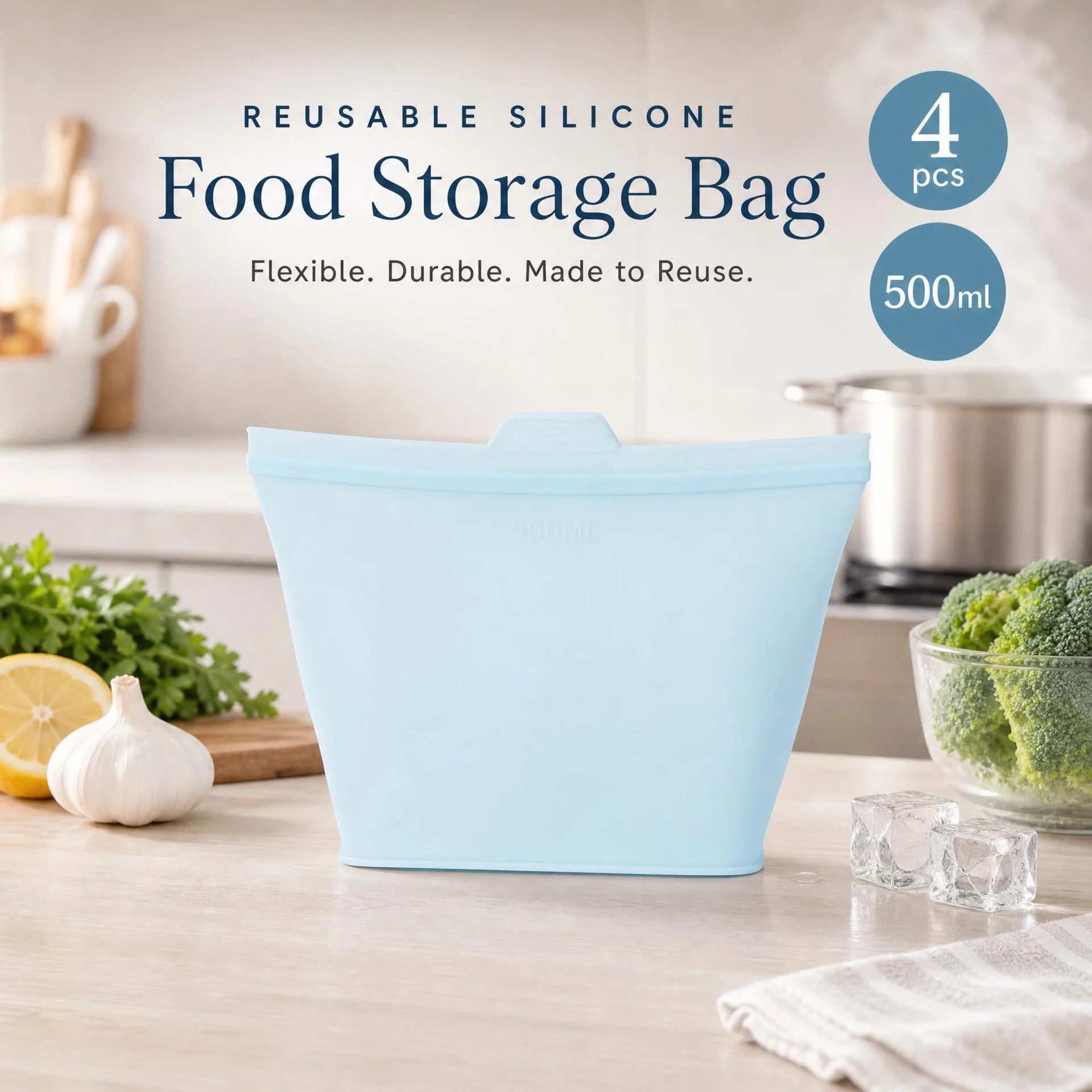 4 Pack Food-Grade Silicone Food Storage Bags, Light Blue, 500ml - Image 1