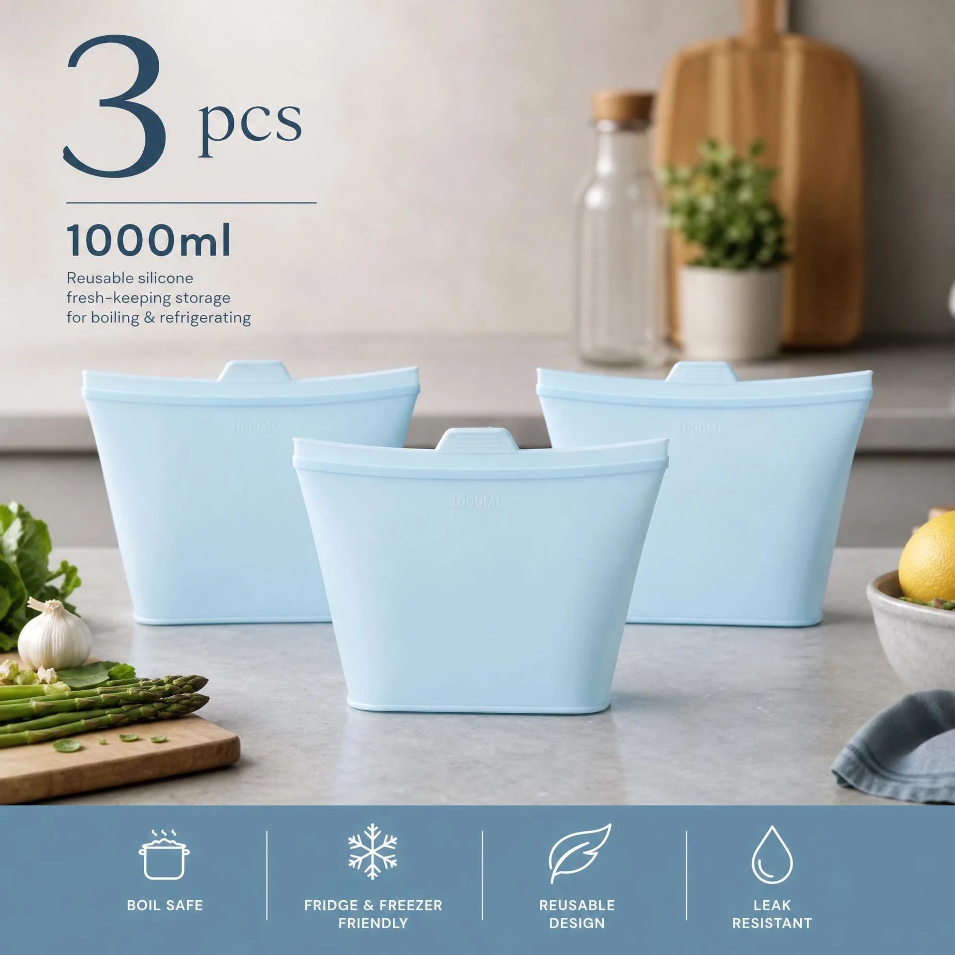3 Pack Food-Grade Silicone Food Storage Bags, Light Blue, 1000ml - Image 1