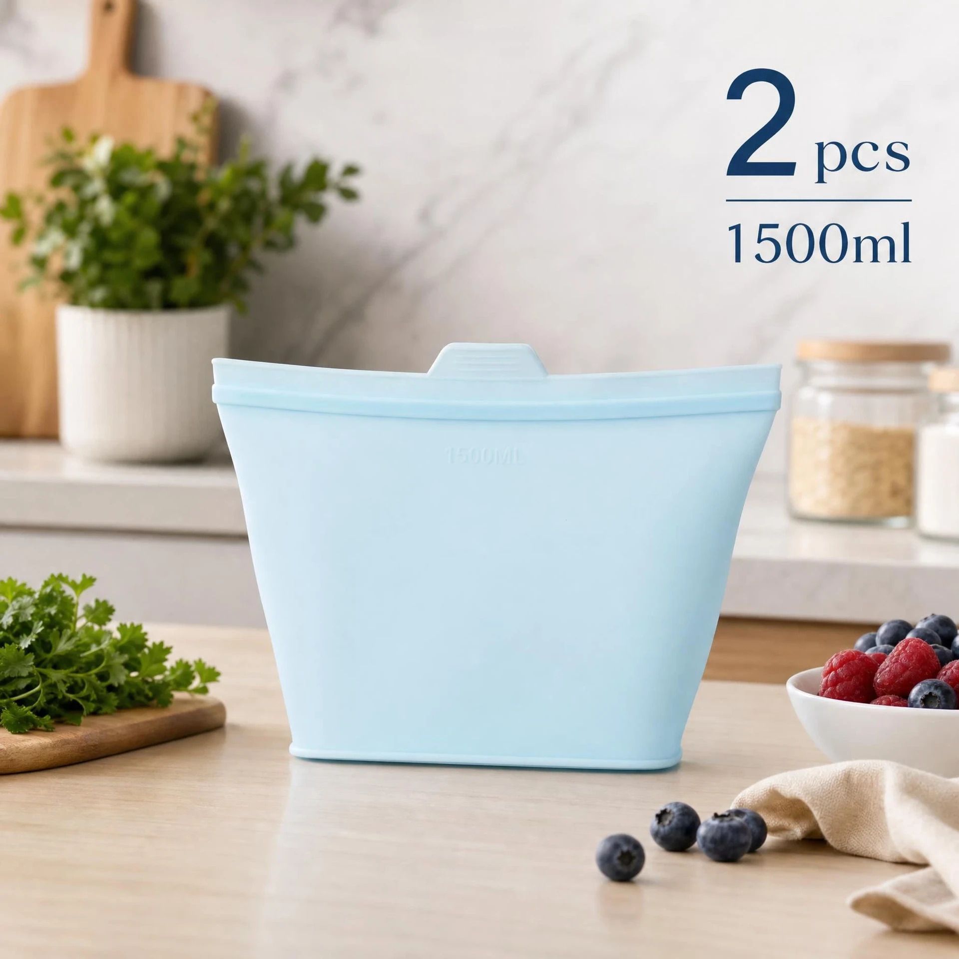 2 PackFood-Grade Silicone Food Storage Bags, Light Blue, 1500ml - Image 1