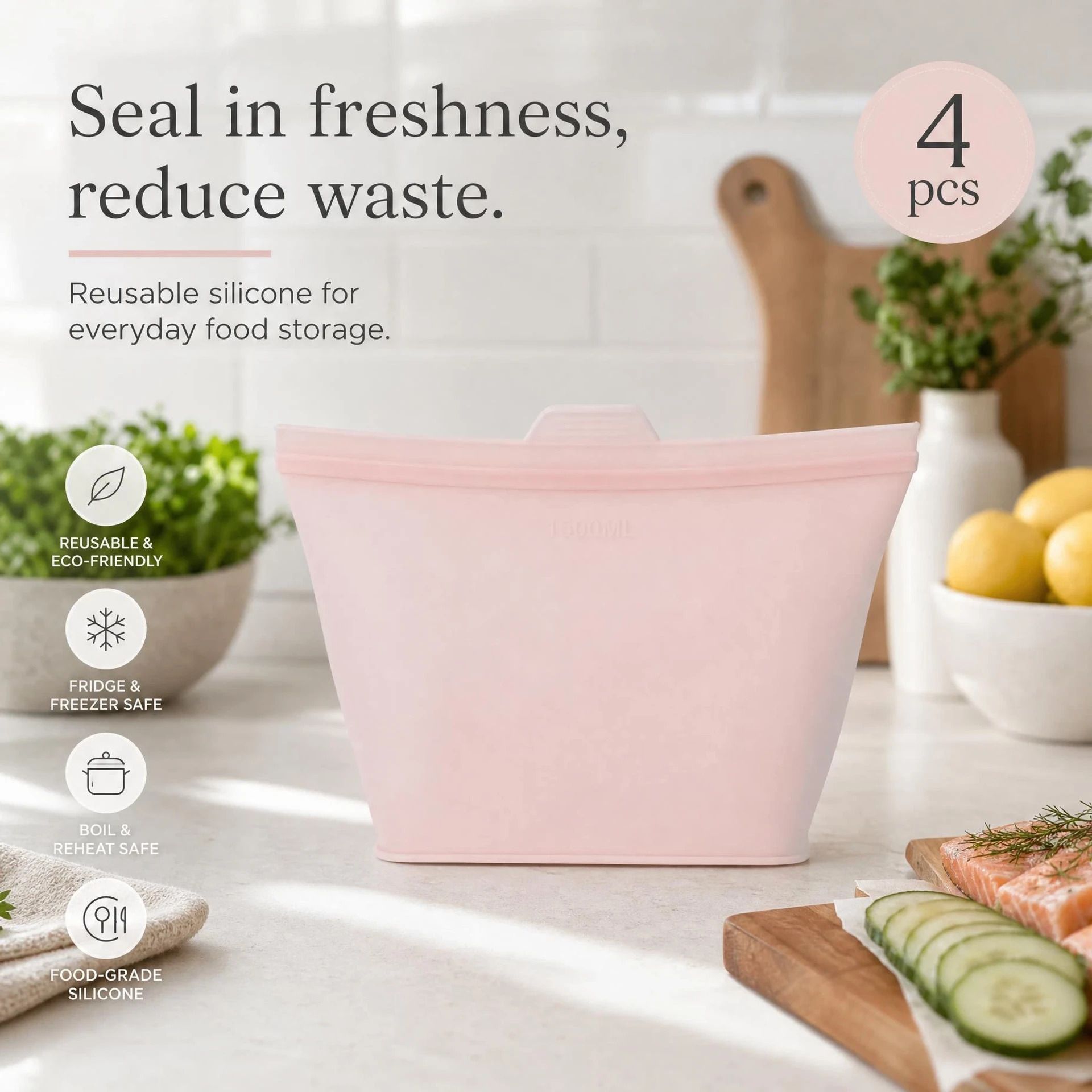 4 Pack Food-Grade Silicone Food Storage Bags, Light Pink, 500ml - Image 1
