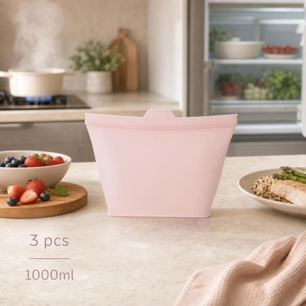 3 Pack Food-Grade Silicone Food Storage Bags, Light Pink, 1000ml - Image 1