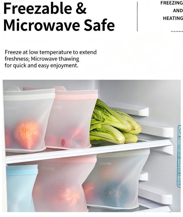 3 Pack Food-Grade Silicone Food Storage Bags, Light Pink, 1000ml - Image 3
