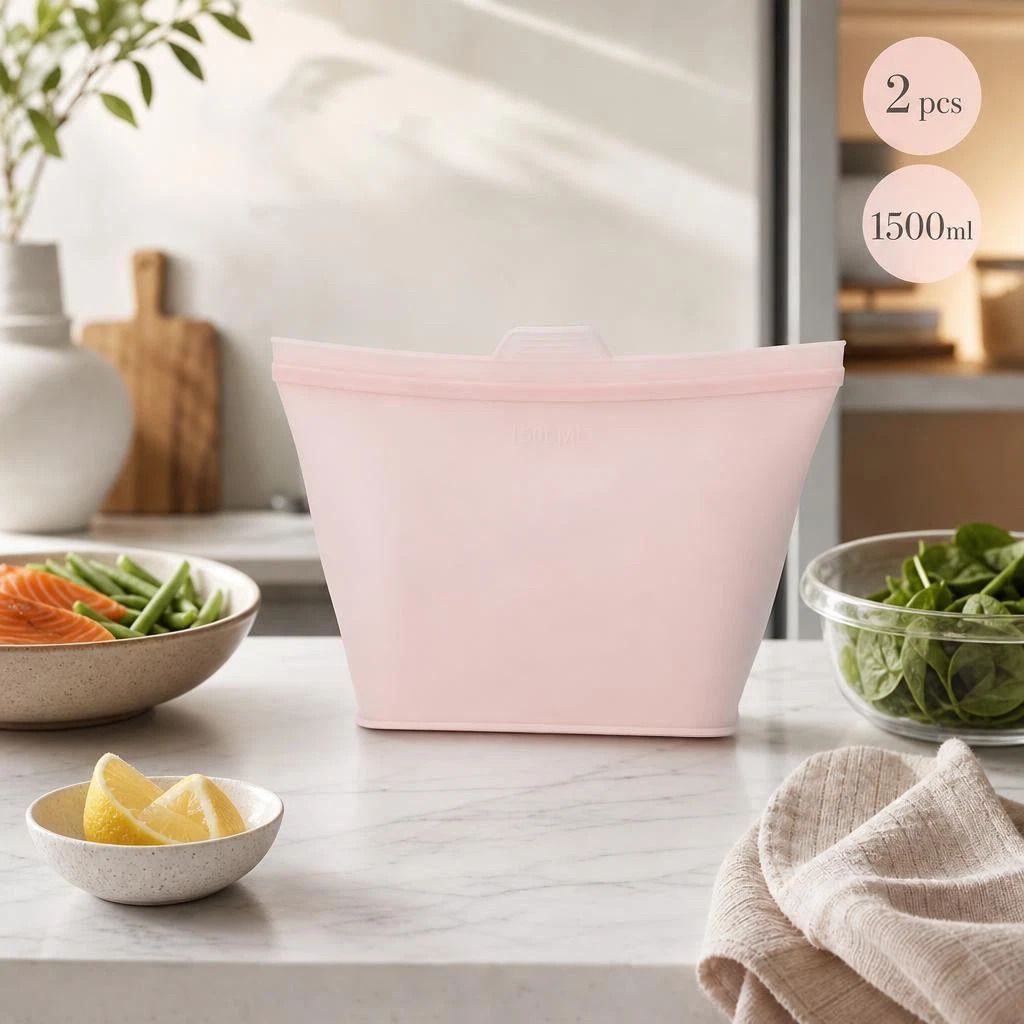 2 Pack Food-Grade Silicone Food Storage Bags, Light Pink, 1500ml - Image 1