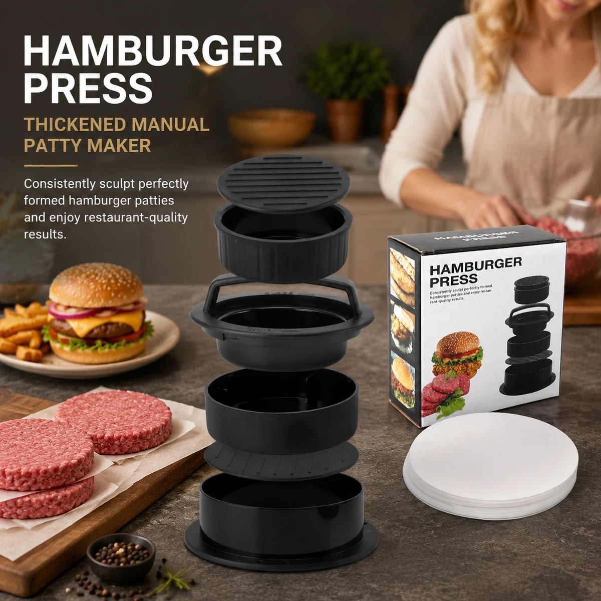 Hamburger Patty Press with 100 Pcs Silicone Paper, Color Box Packaging - Image 1