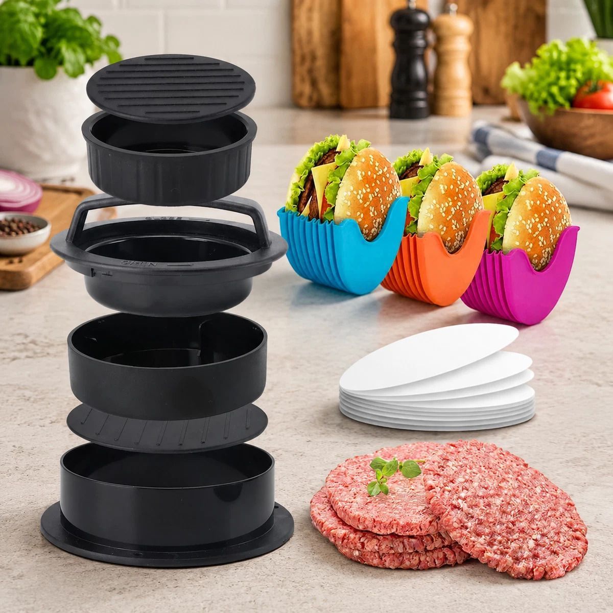 Hamburger Patty Press with 100 Pcs Silicone Paper & 3 Burger Clips - Image 1