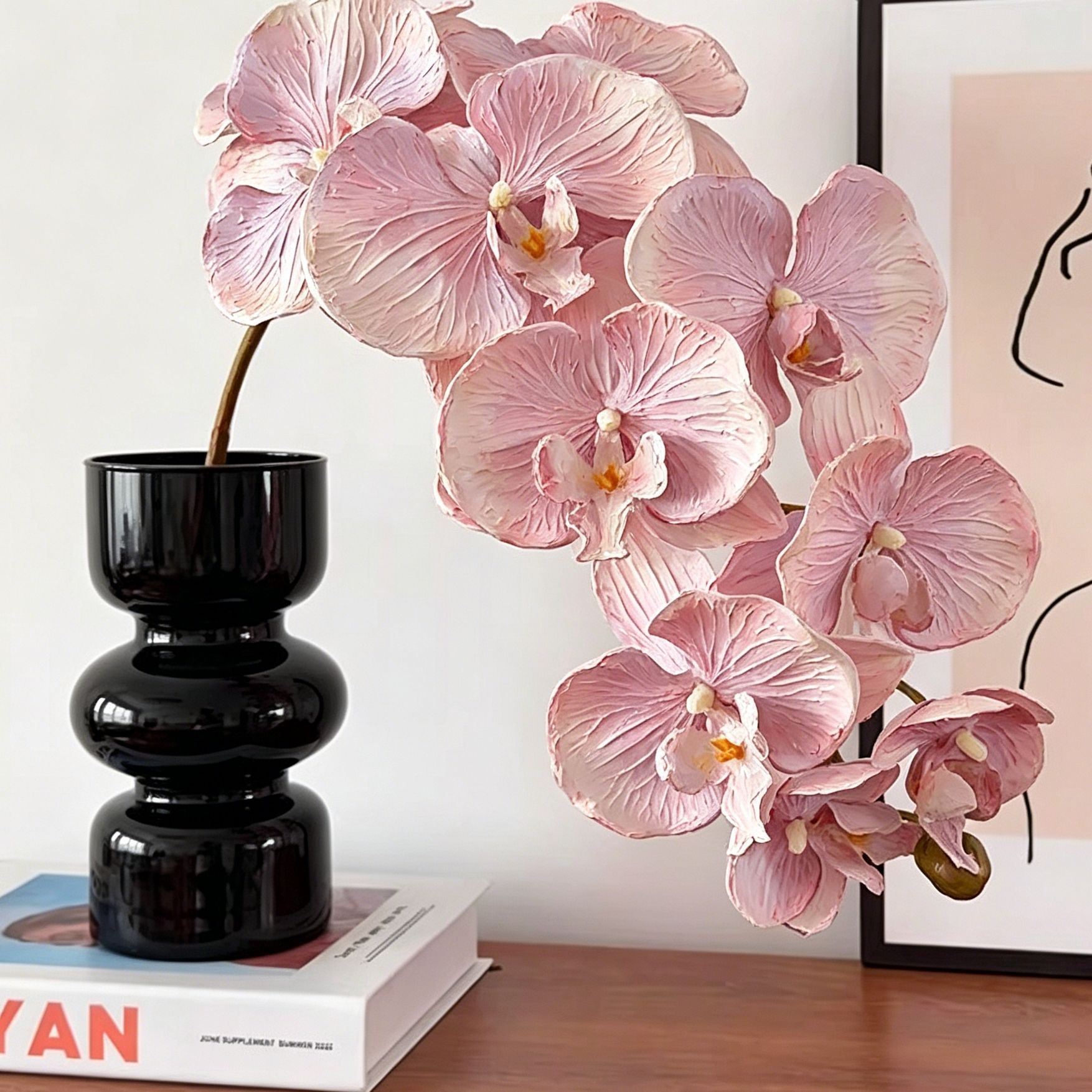 Artificial Oil Painting Phalaenopsis, Bright Pink, 3 Pack - Image 2