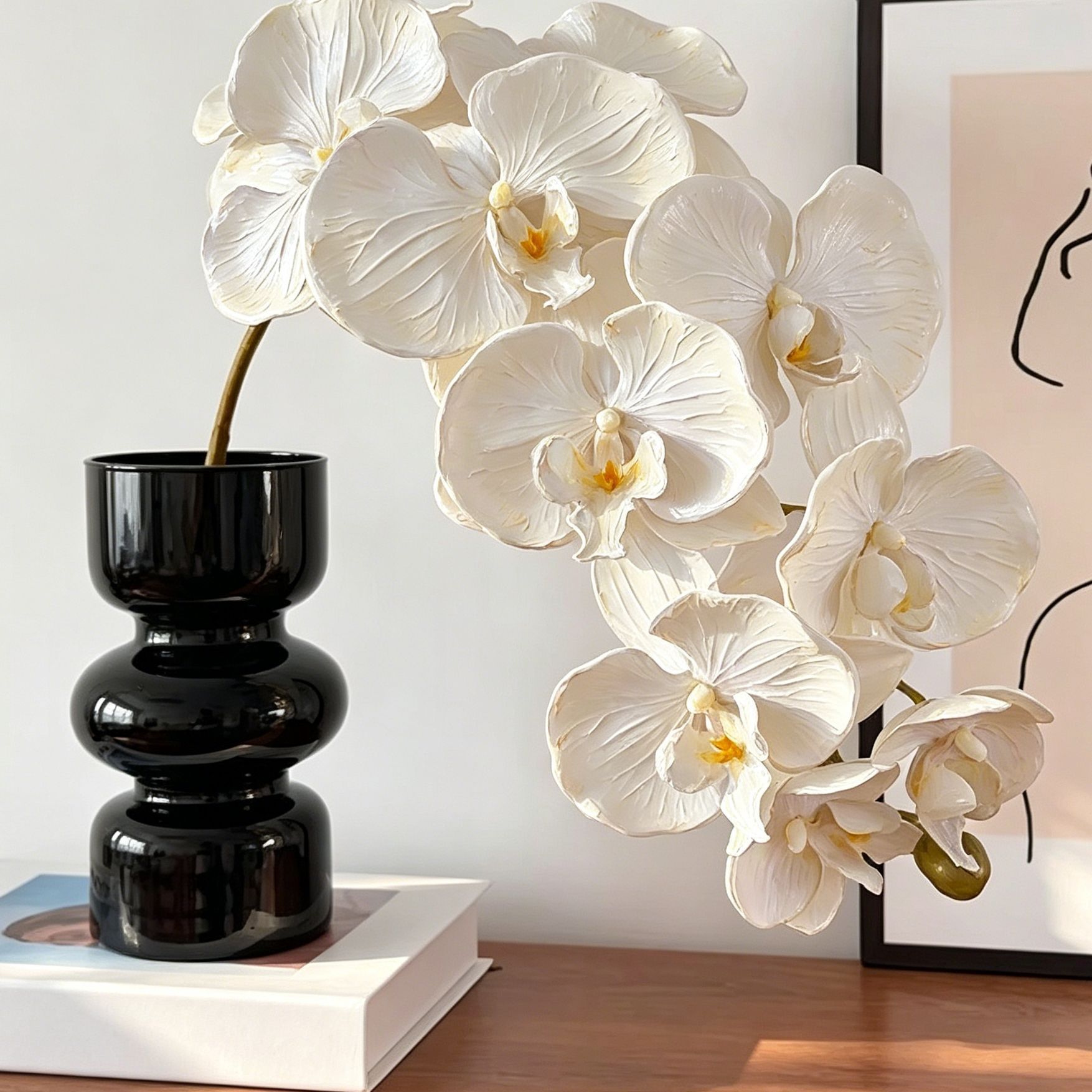 Artificial Oil Painting Phalaenopsis, Jade White, 3 Pack - Image 2