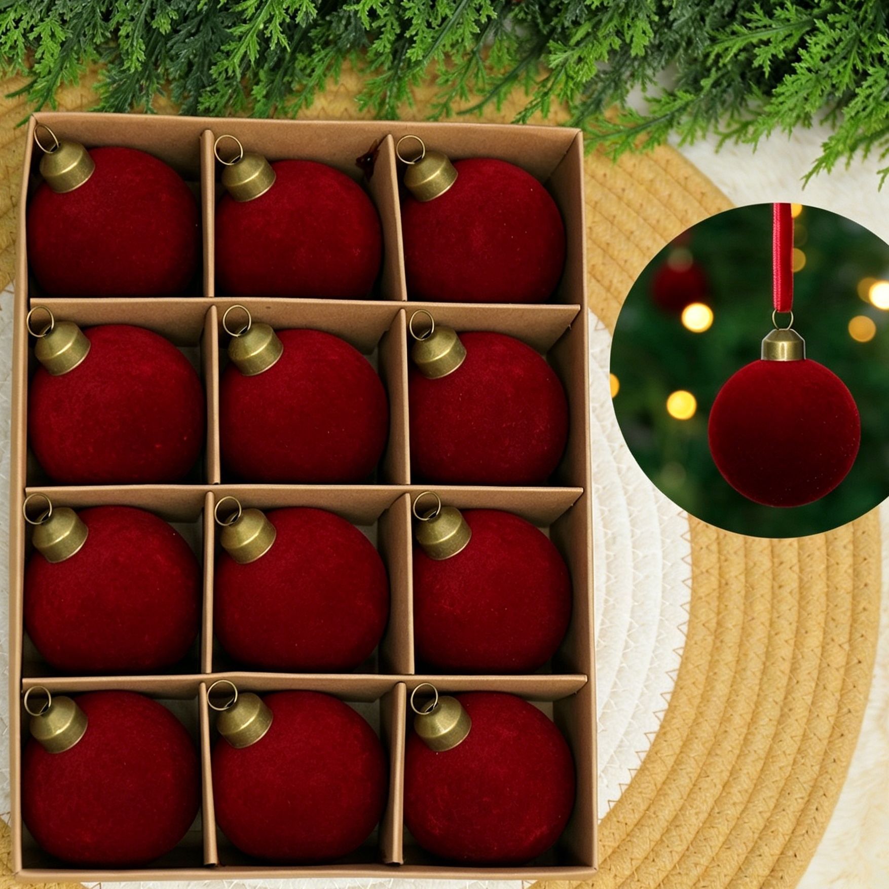 24pk Flocked Xmas Baubles Metal Cap, Burgundy 8cm - Image 1