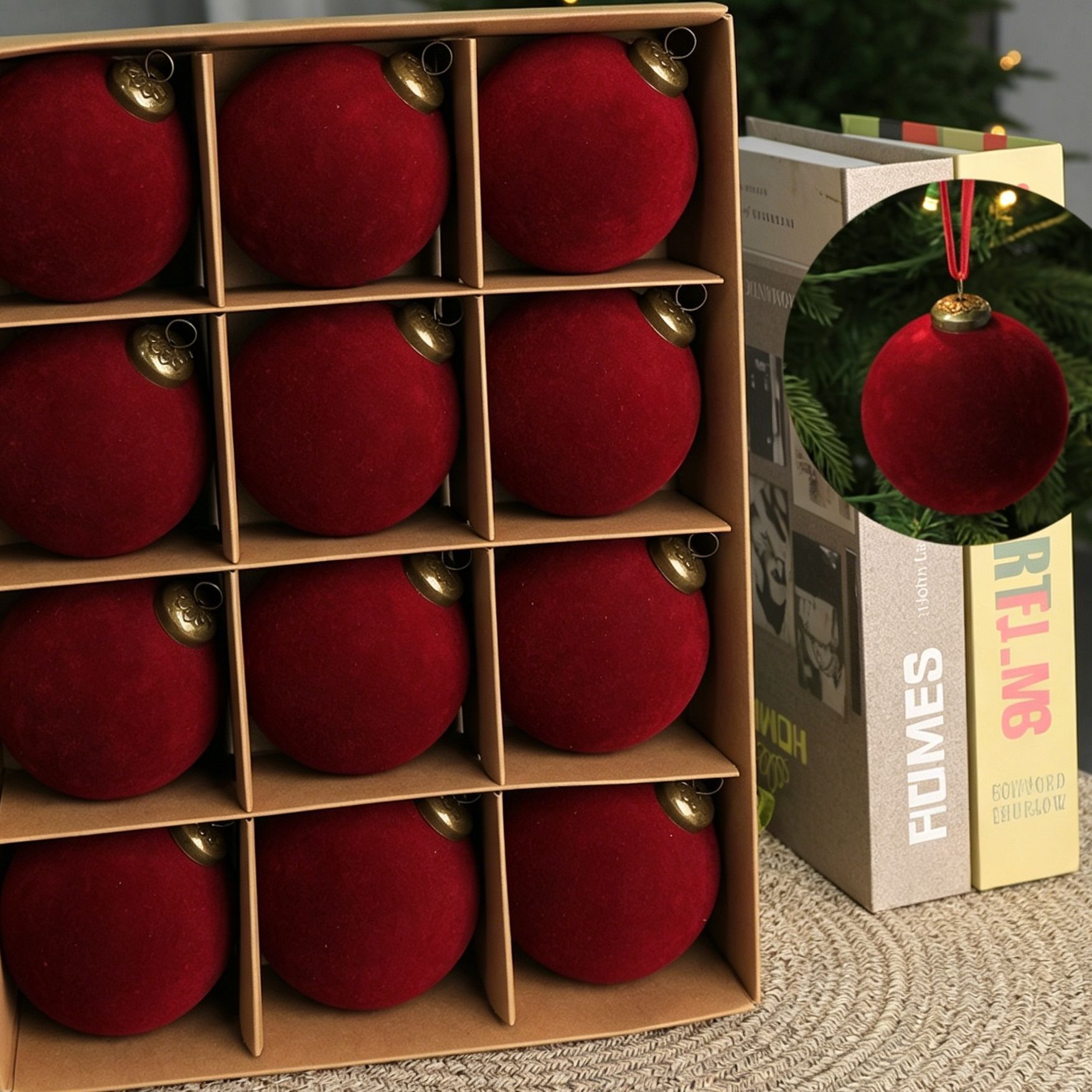 24pk Flocked Xmas Baubles Metal Cap, Burgundy 8cm - Image 2