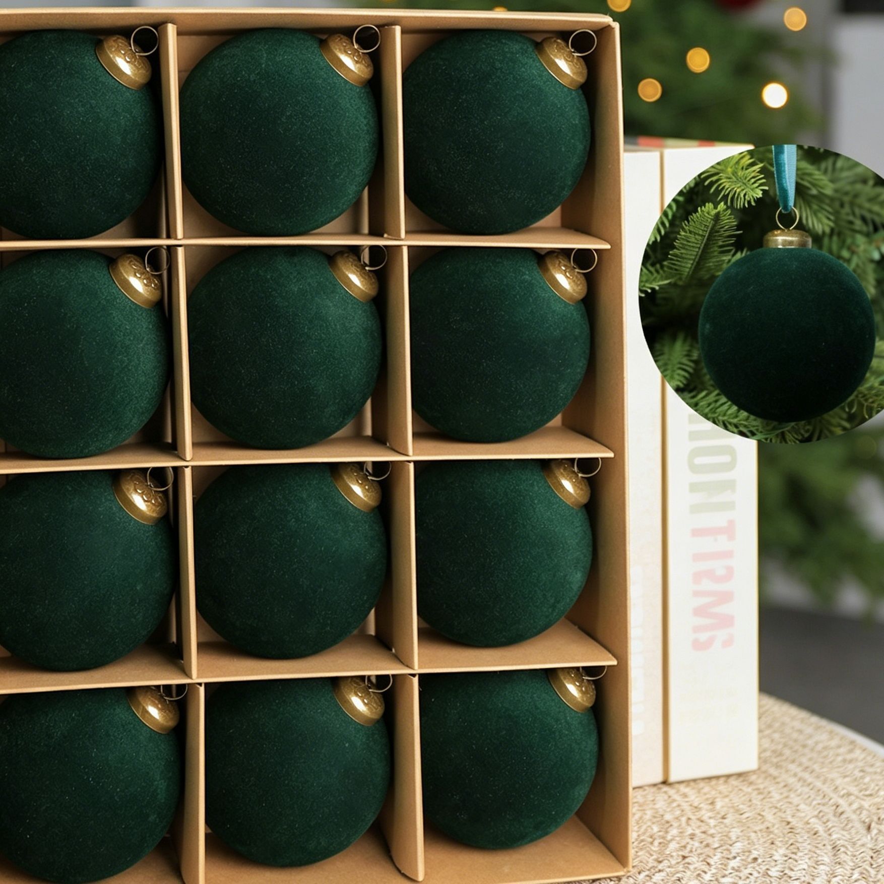 24pk Flocked Xmas Baubles Metal Cap, Dark Green 6cm - Image 2