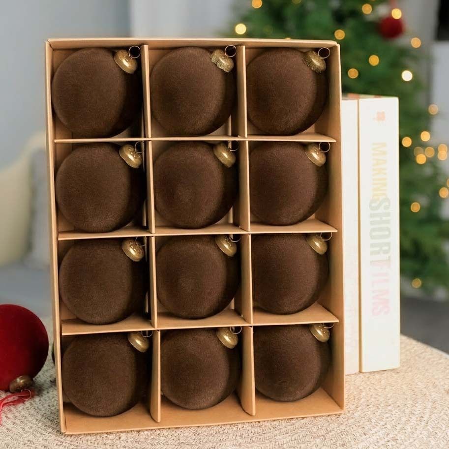 24pk Flocked Xmas Baubles Metal Cap, Dark Brown 6cm - Image 2