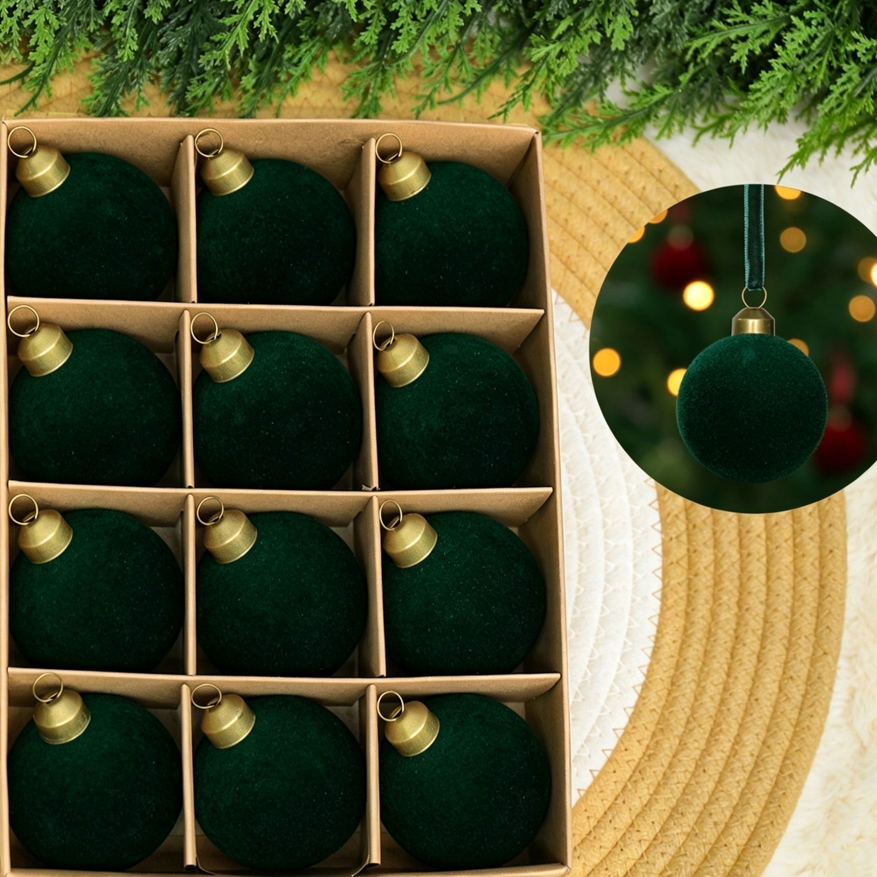 24pk Flocked Xmas Baubles Metal Cap, Dark Green 8cm - Image 1