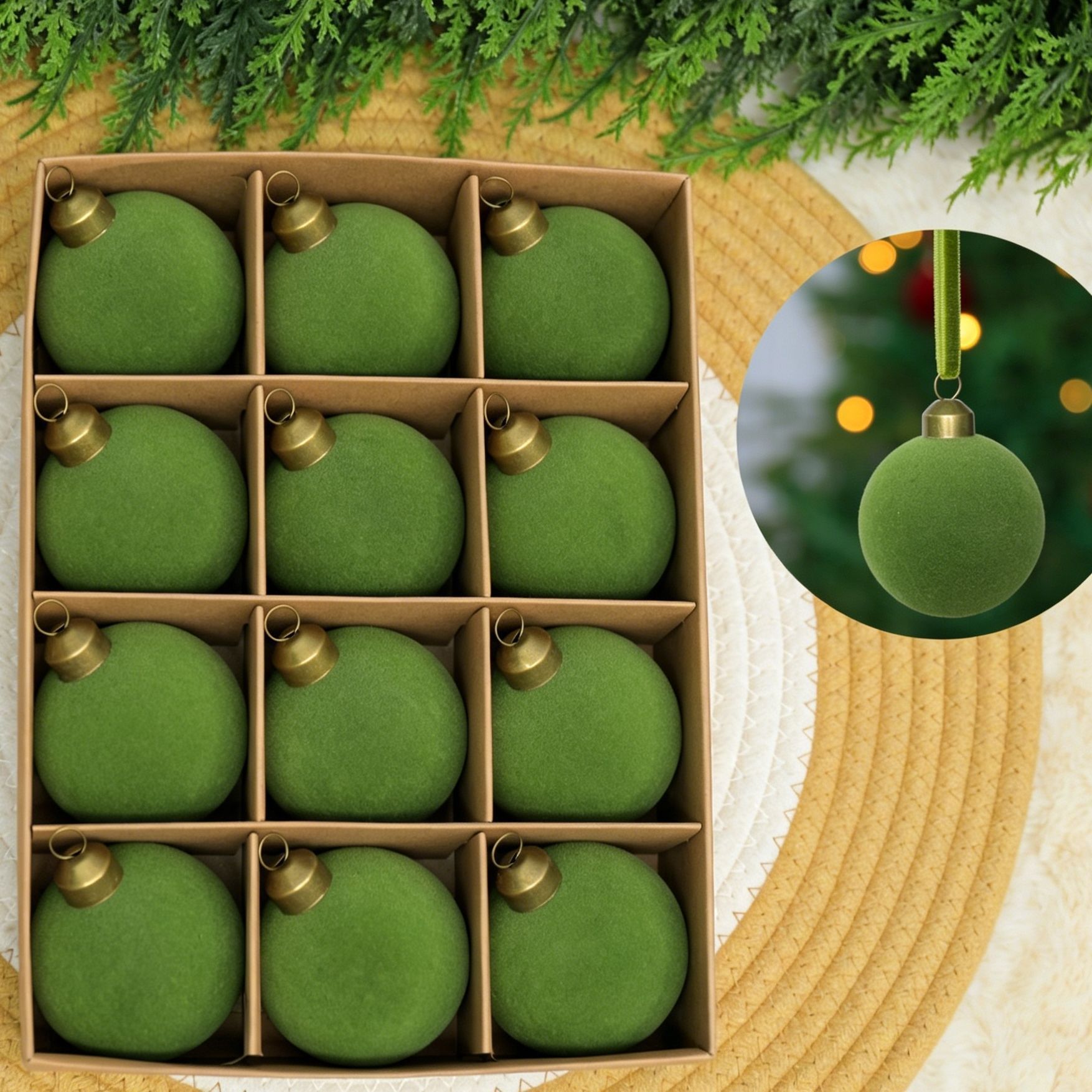 24pk Flocked Xmas Baubles Metal Cap, Avocado 6cm - Image 1