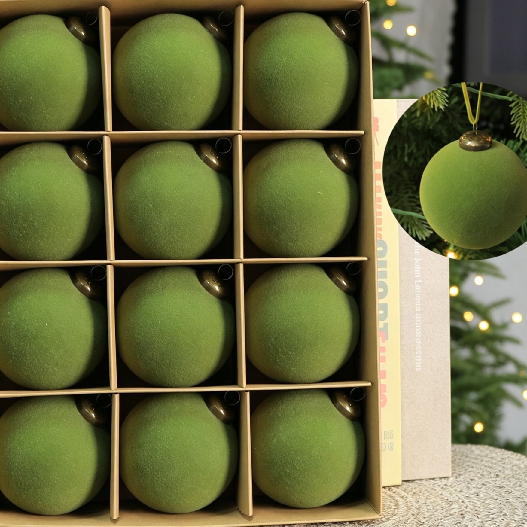 24pk Flocked Xmas Baubles Metal Cap, Avocado 8cm - Image 2
