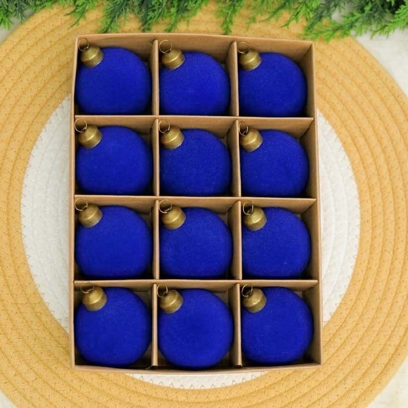 24pk Flocked Xmas Baubles Metal Cap, Royal Blue 6cm - Image 1