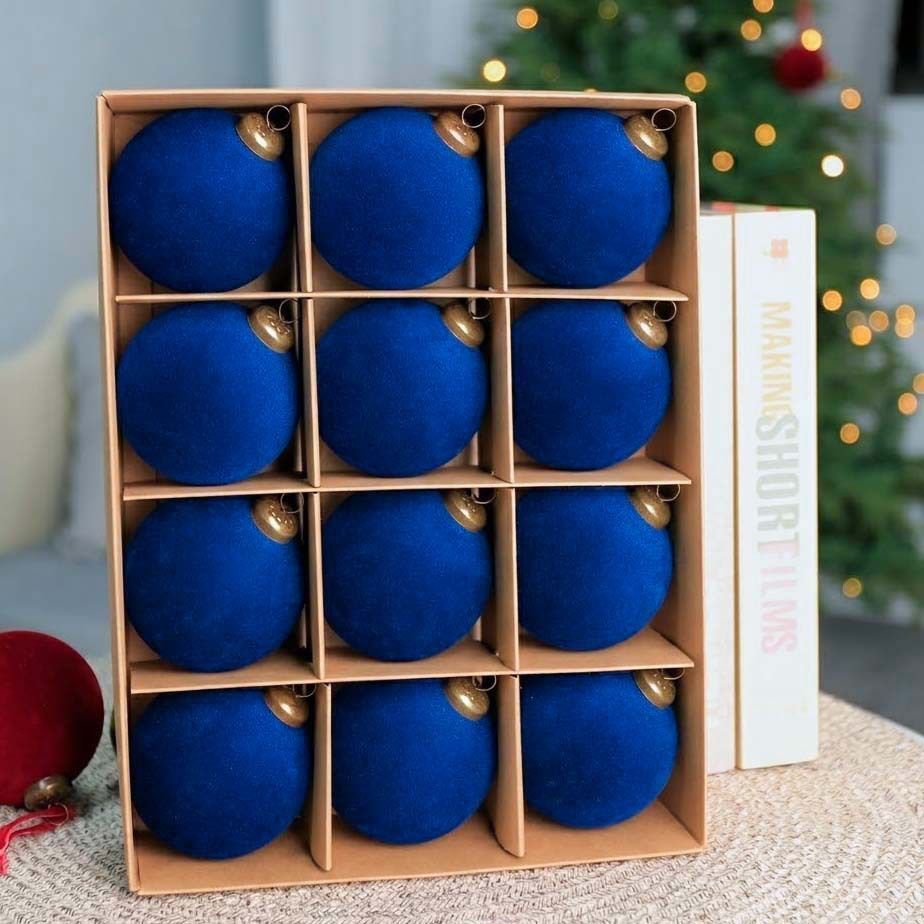 24pk Flocked Xmas Baubles Metal Cap, Royal Blue 8cm - Image 2