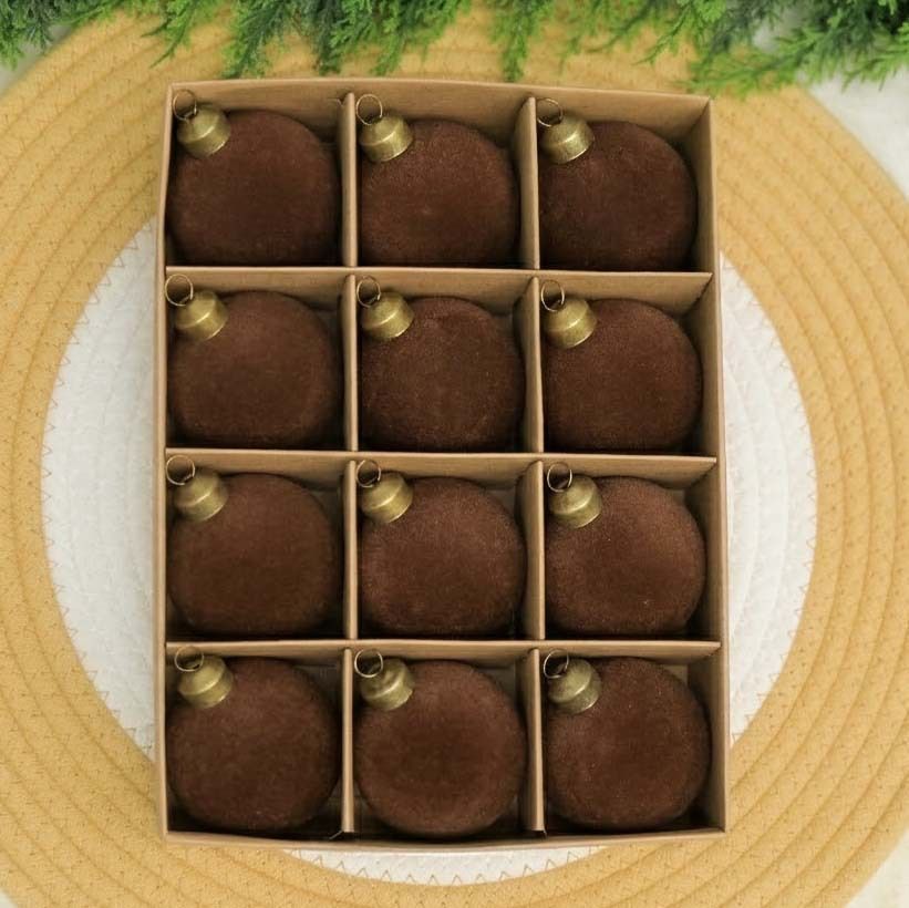 24pk Flocked Xmas Baubles Metal Cap, Dark Brown 8cm - Image 1