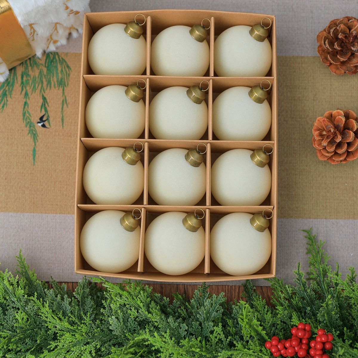 24pk Flocked Xmas Baubles Metal Cap, Off White 6cm - Image 1