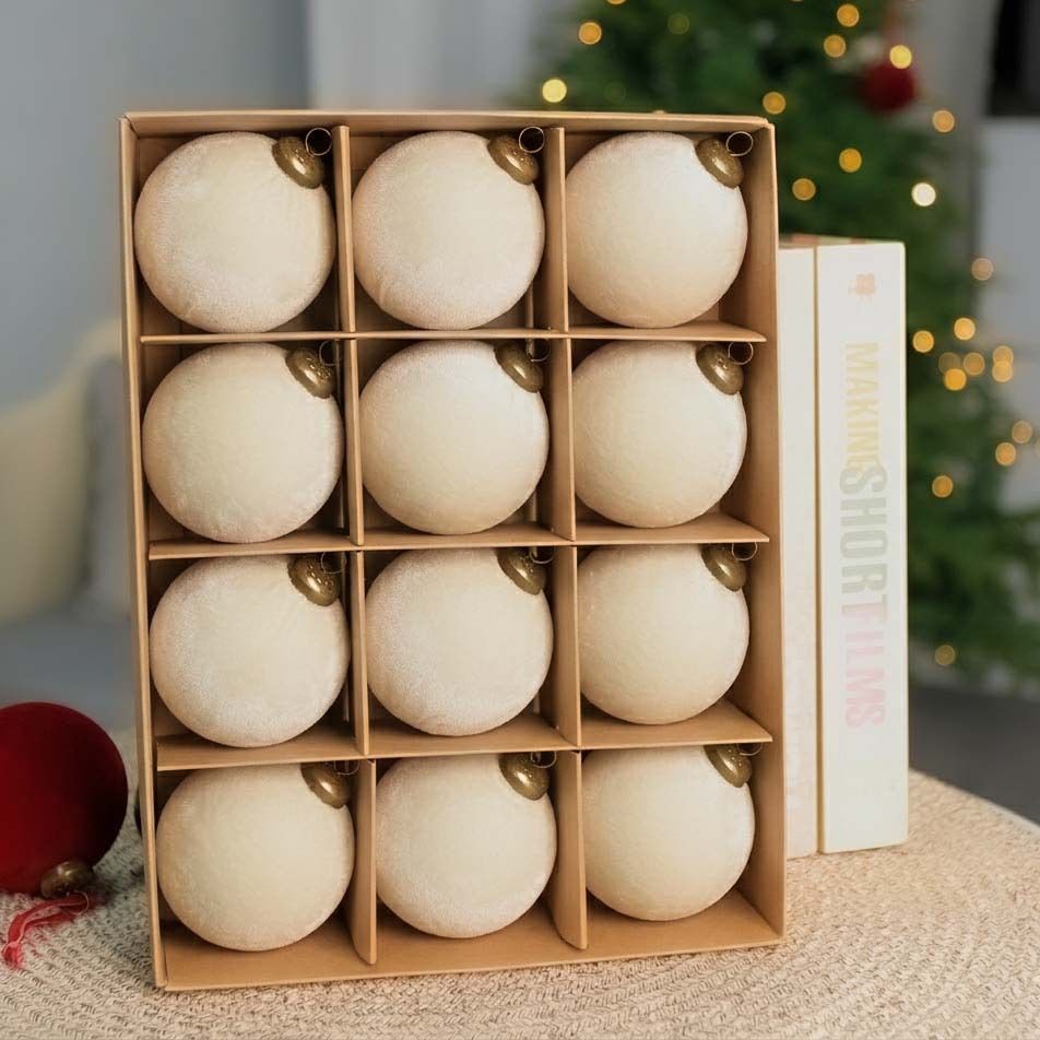 24pk Flocked Xmas Baubles Metal Cap, Off White 8cm - Image 2