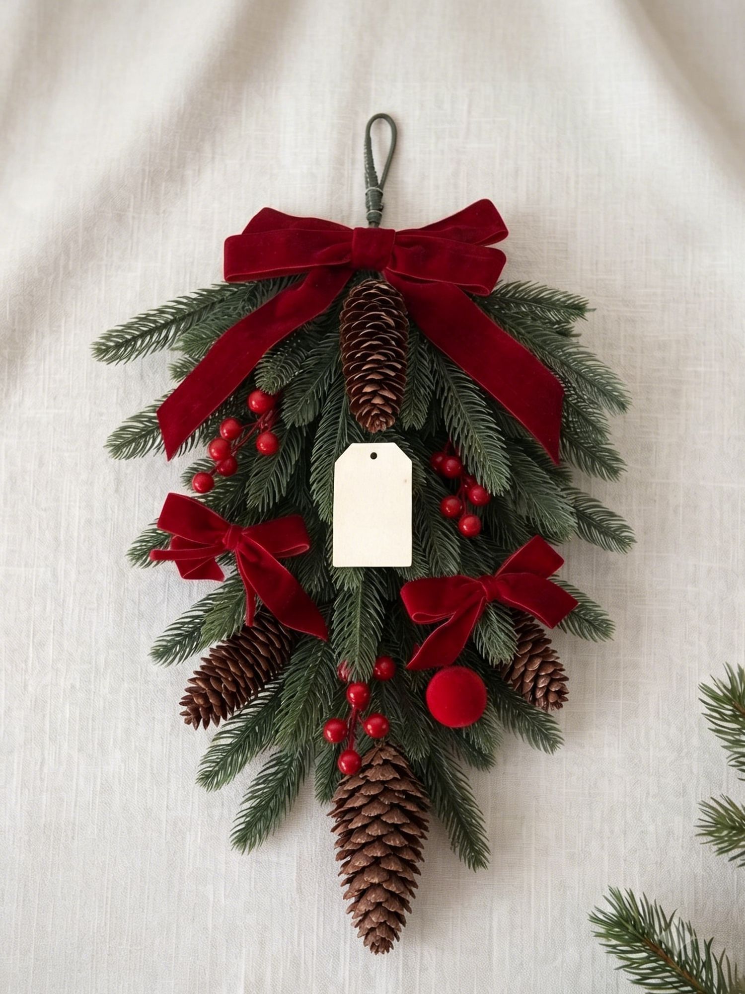 Xmas Teardrop Pine Swag, Red Velvet Bow Wall Door Hanging - Image 1
