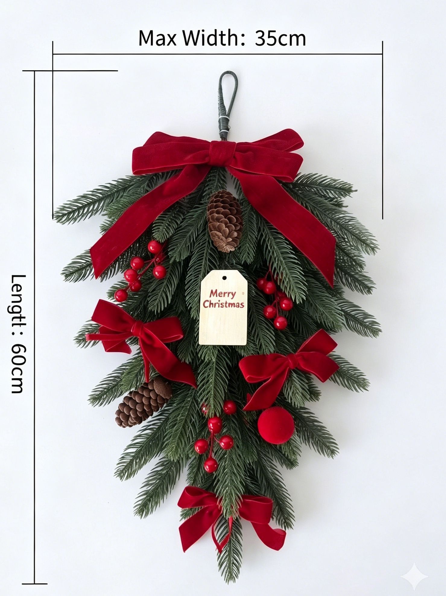 Xmas Teardrop Pine Swag, Red Velvet Bow Wall Door Hanging - Image 2