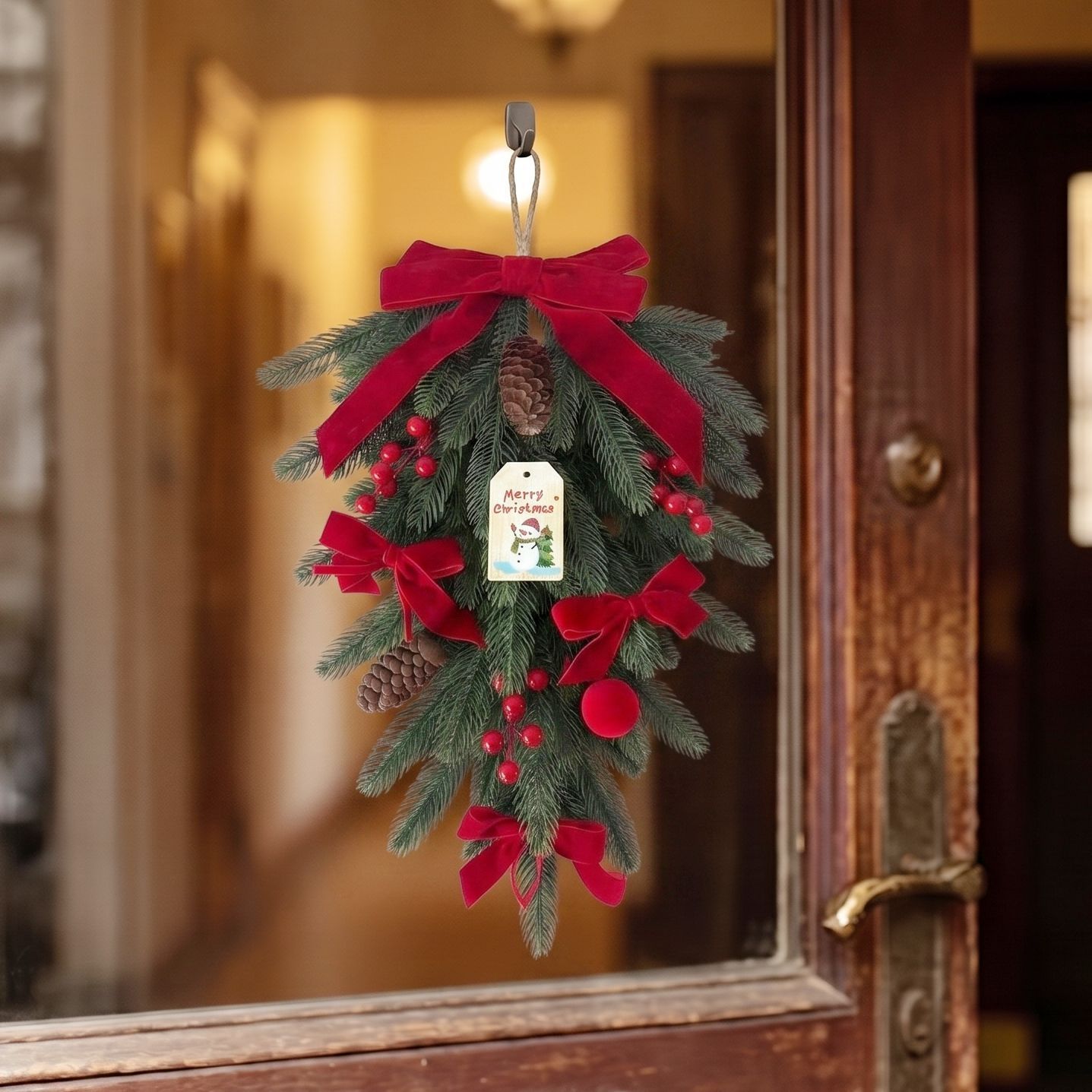 Xmas Teardrop Pine Swag, Red Velvet Bow Wall Door Hanging - Image 5