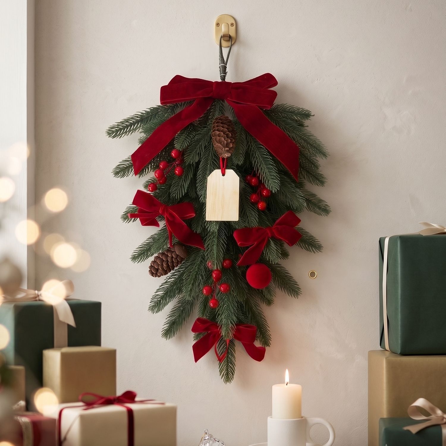 Xmas Teardrop Pine Swag, Red Velvet Bow Wall Door Hanging - Image 6