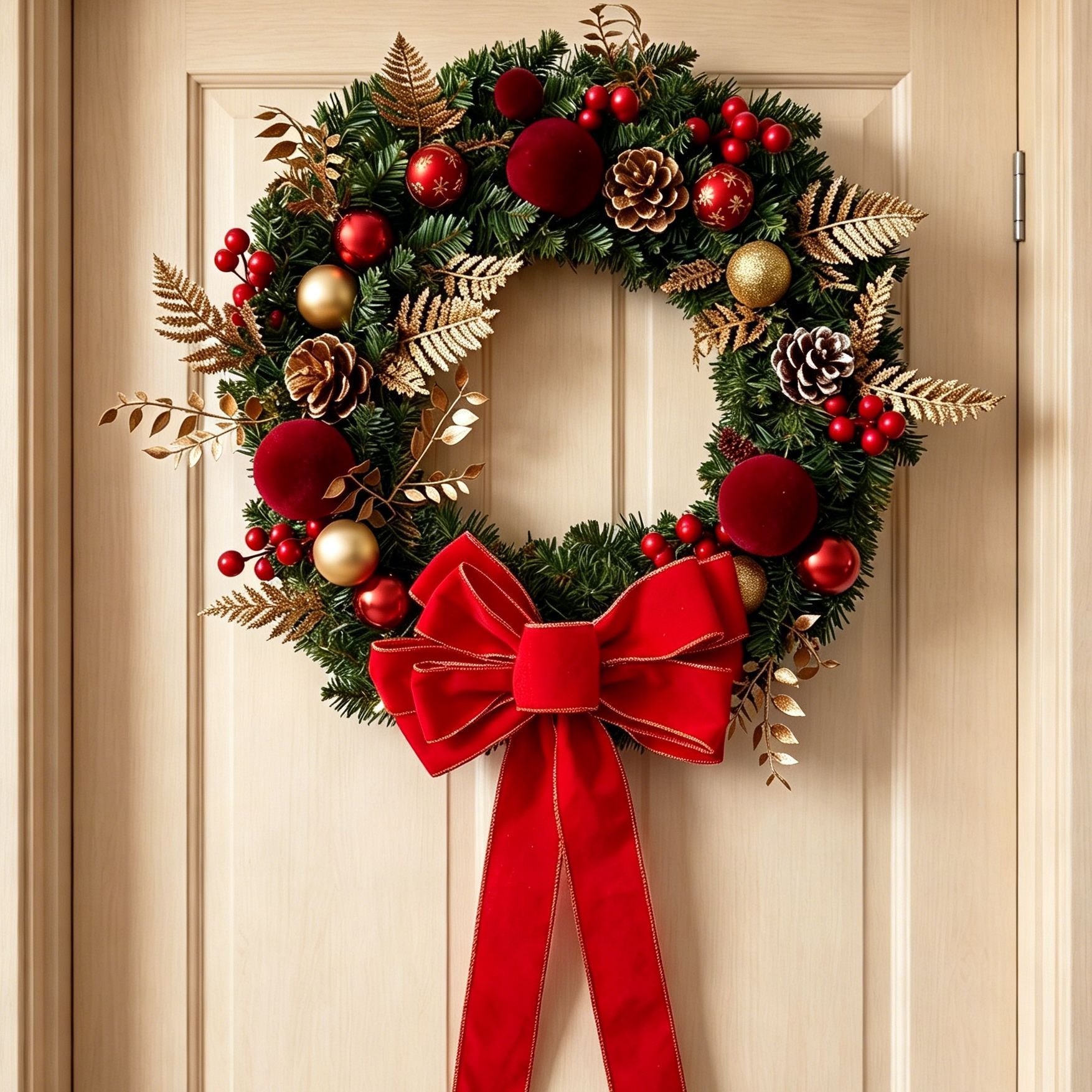 2pk Xmas Wreath Gold Leaf Red Bow, 50cm Diameter - Image 1