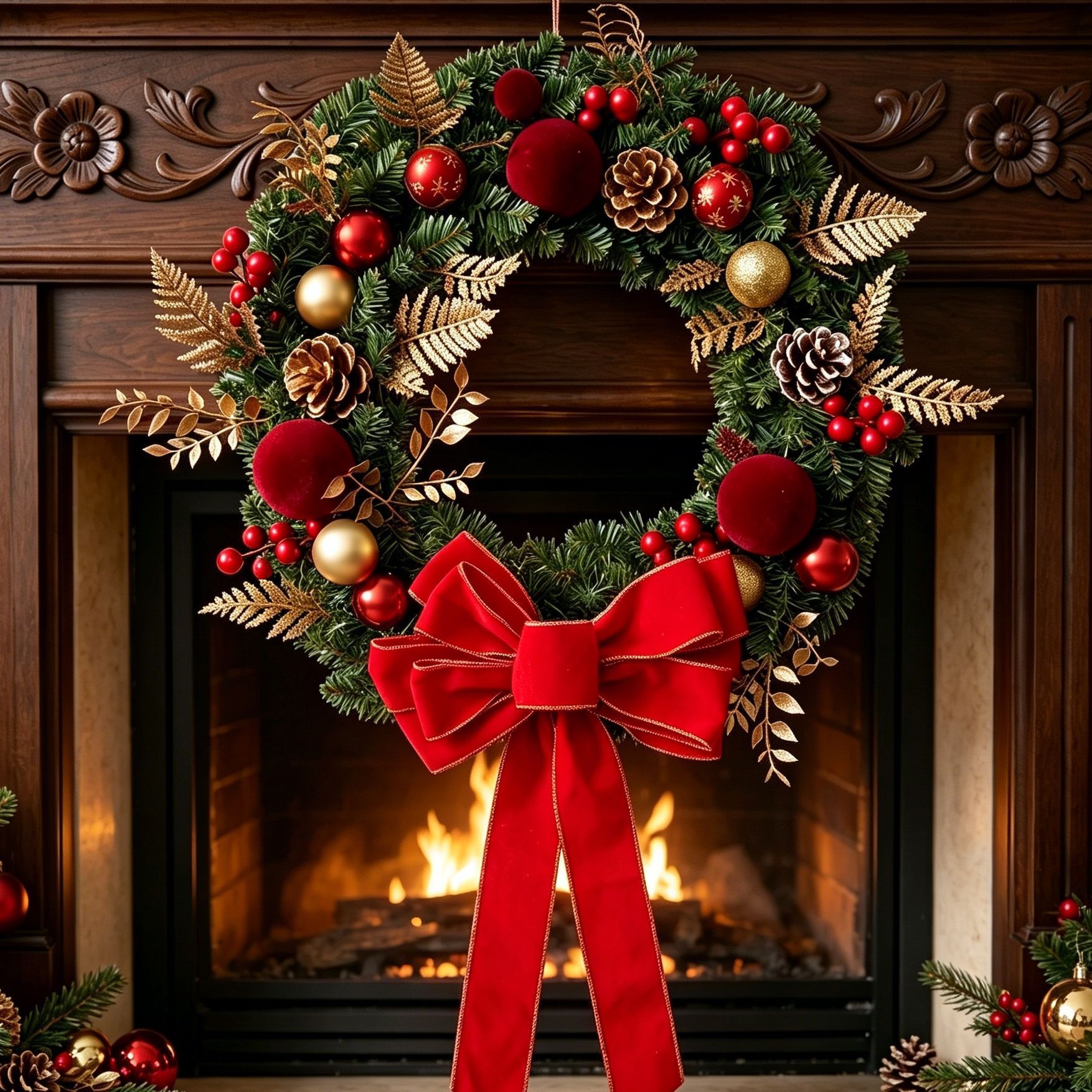 2pk Xmas Wreath Gold Leaf Red Bow, 50cm Diameter - Image 2