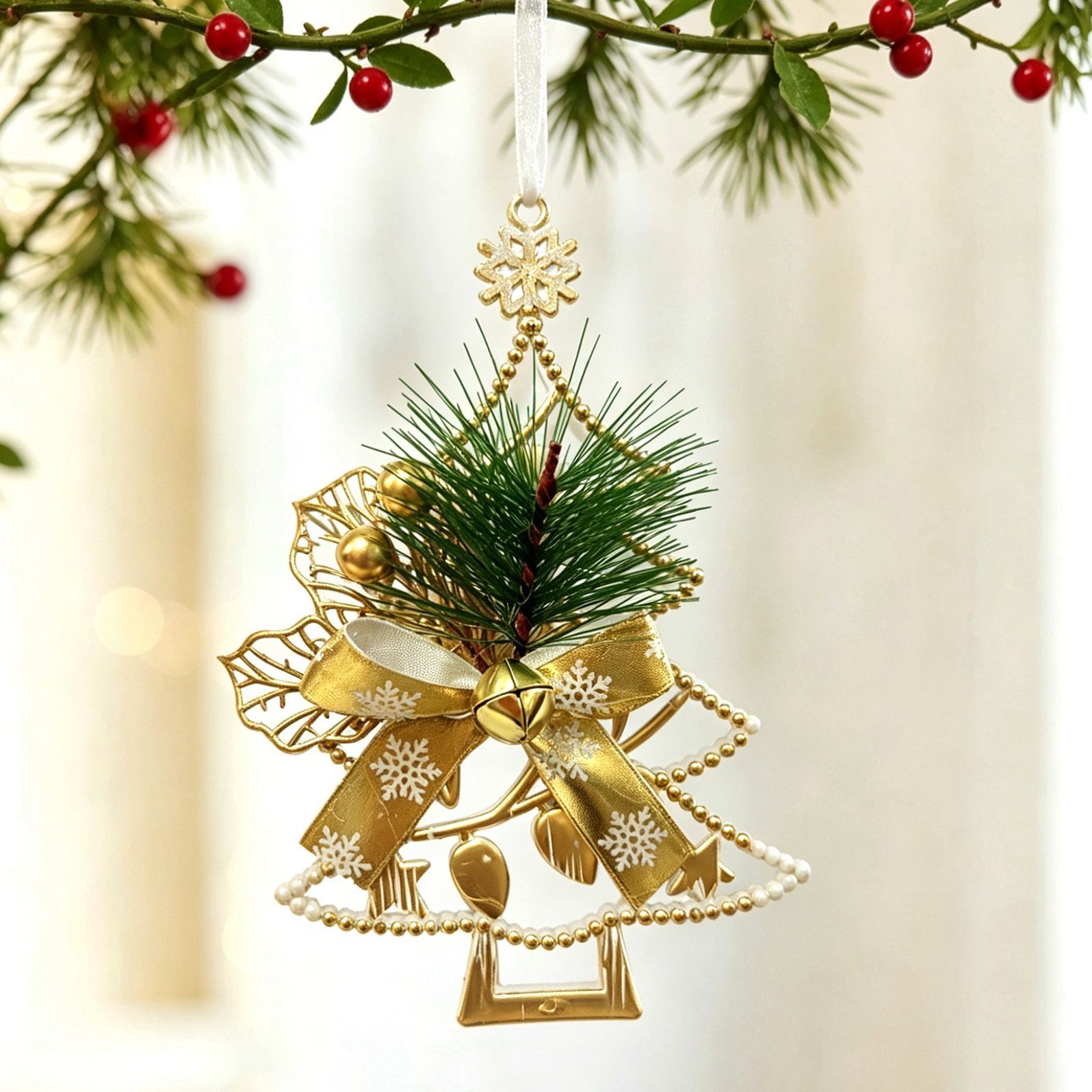 1pk White Gold Vintage Xmas Tree Hanging Ornament - Image 1