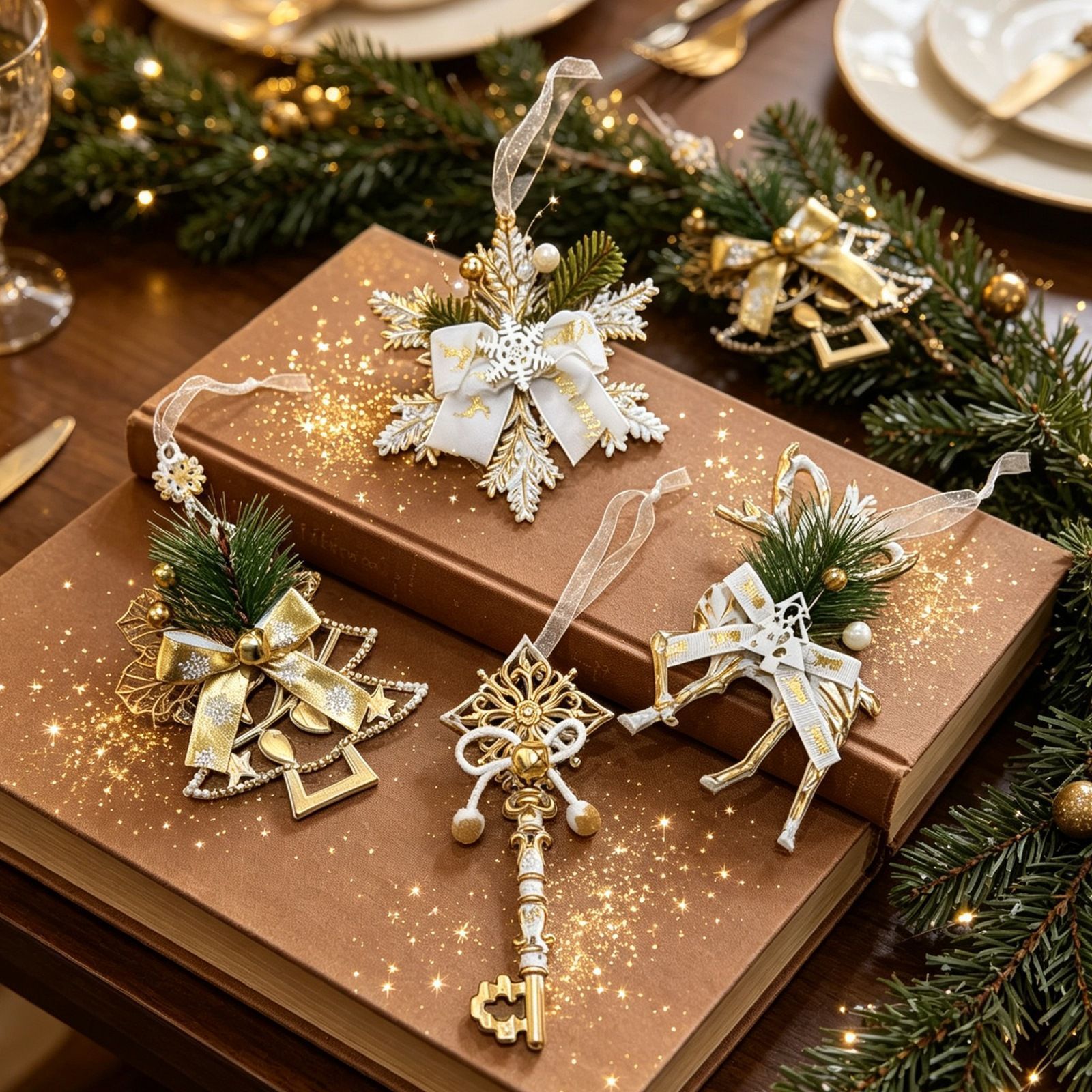 1pk White Gold Vintage Xmas Tree Hanging Ornament - Image 3