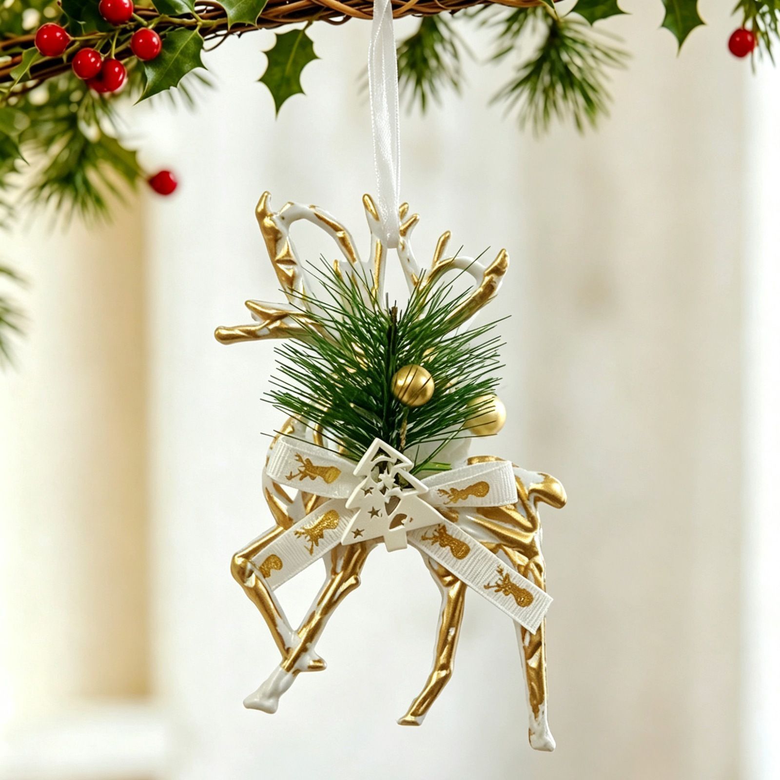 3pk White Gold Vintage Reindeer Xmas Bauble - Image 1