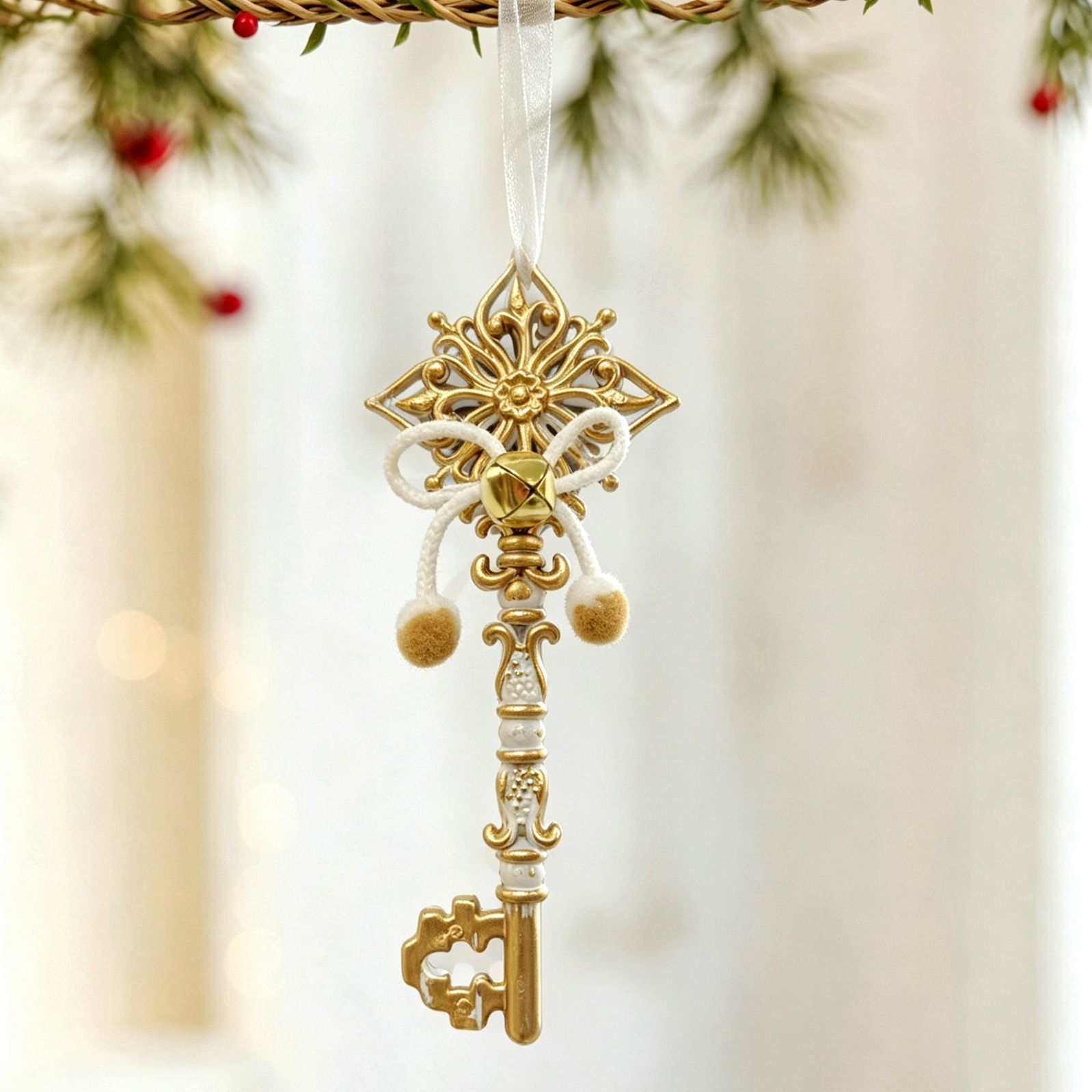 1pk White Gold Vintage Key Xmas Tree Ornament - Image 1