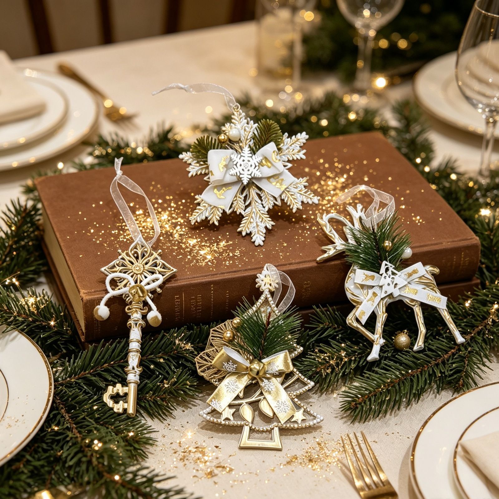 3pk White Gold Vintage Key Xmas Tree Ornament - Image 4