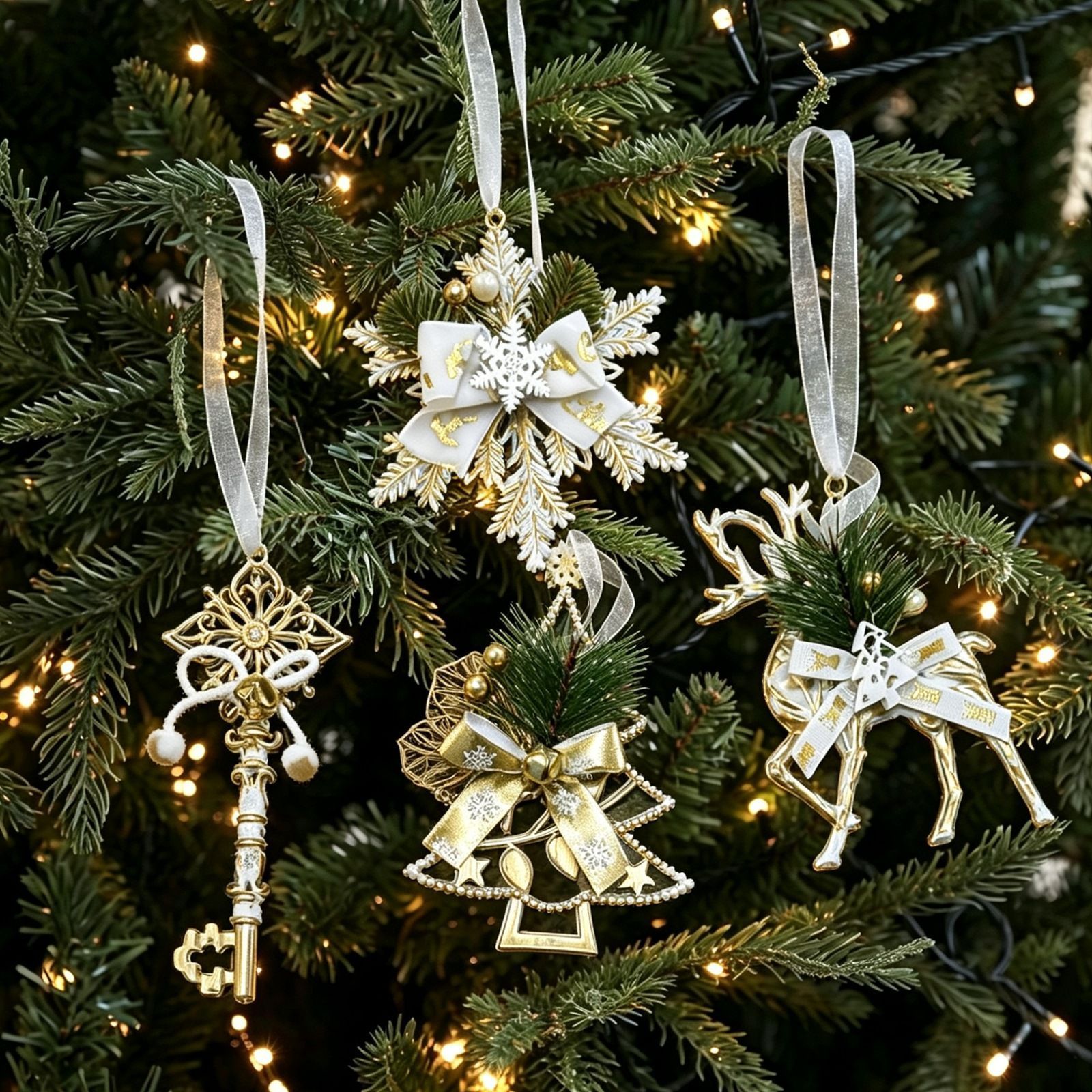4pk Assorted White Gold Xmas Ornaments (Tree/Reindeer/Snowflake/Key) - Image 1