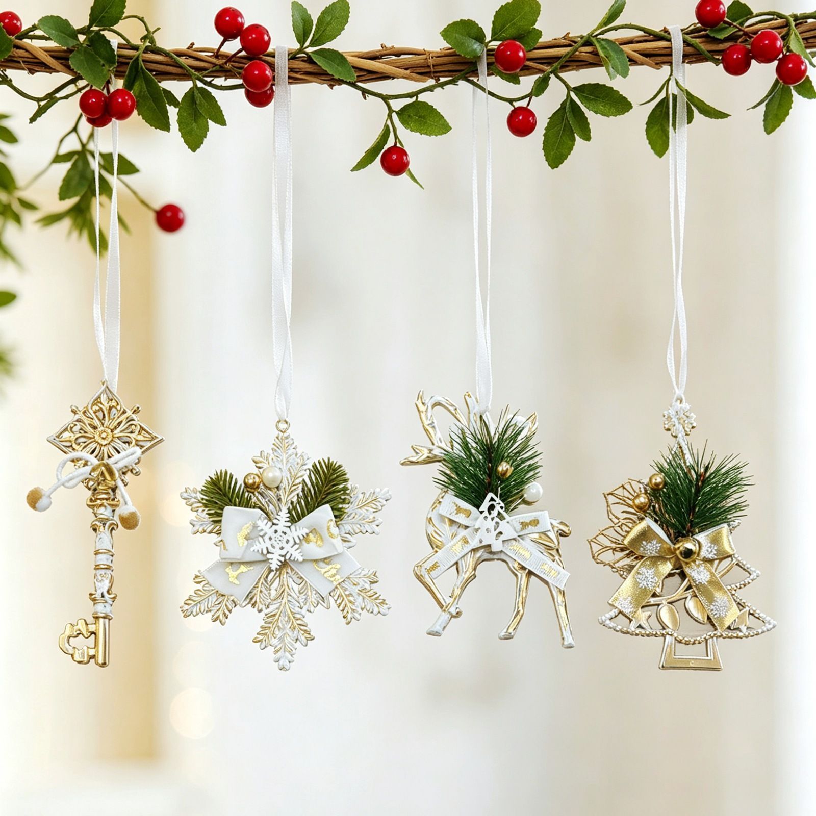 4pk Assorted White Gold Xmas Ornaments (Tree/Reindeer/Snowflake/Key) - Image 2