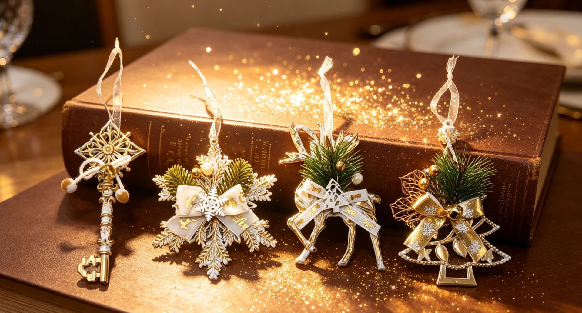 4pk Assorted White Gold Xmas Ornaments (Tree/Reindeer/Snowflake/Key) - Image 6