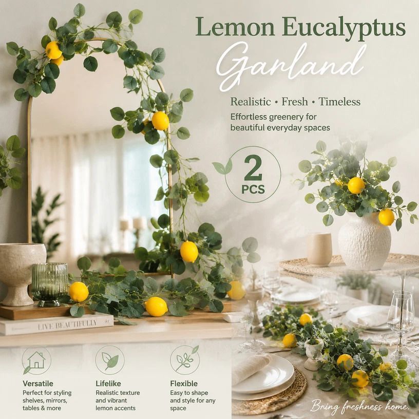 Style B 3 Fork Eucalyptus Lemon Vine Indoor Decor Set of 2 - Image 1