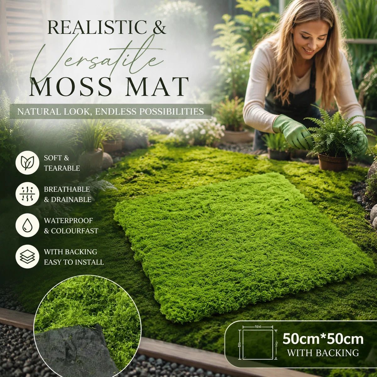 Light Green Preserved String Moss Mat Fabric Backing 50脳50cm Table Decor - Image 1
