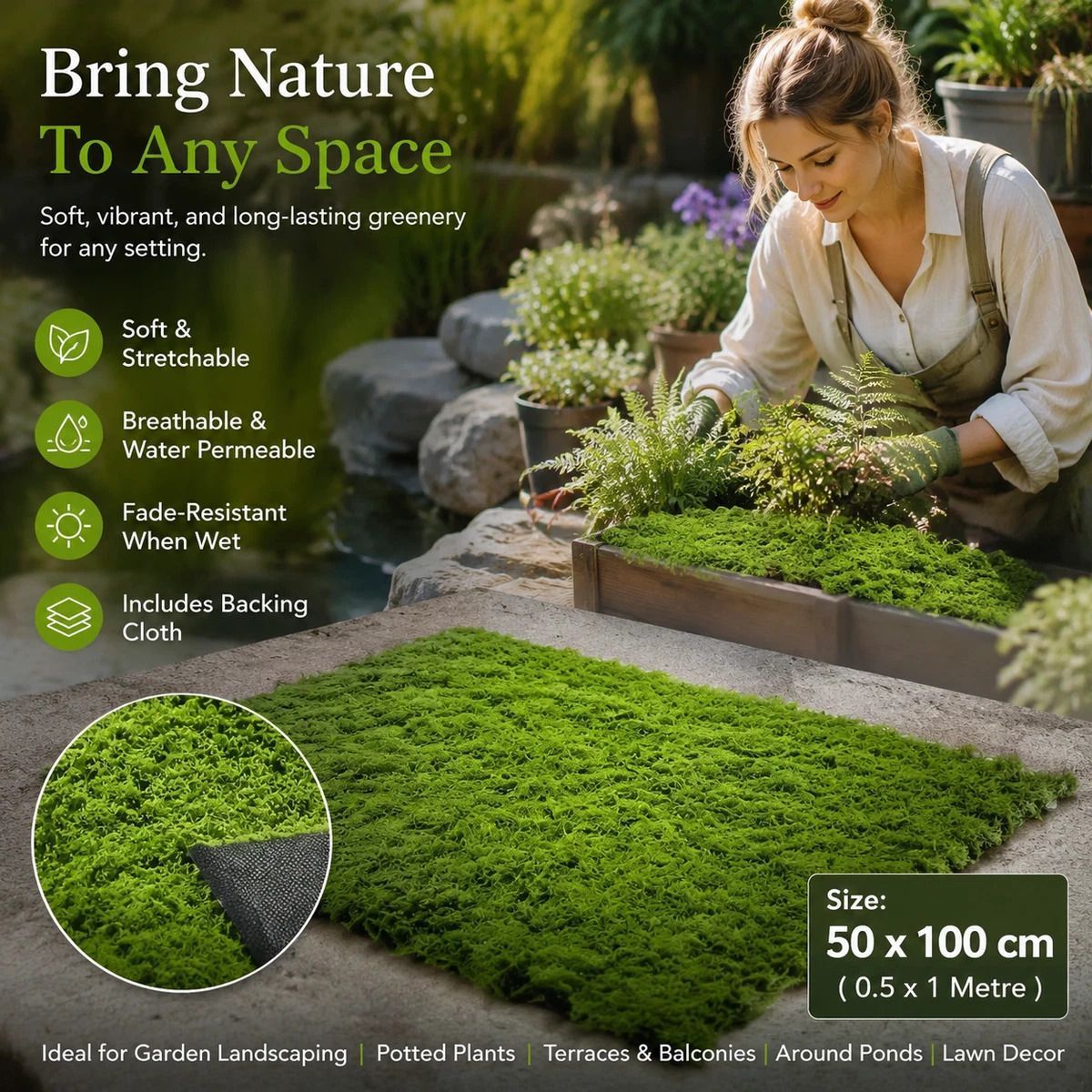Dark Green Moss Pad With Base Cloth 50cm脳100cm Indoor Landscape Ornament - Image 1