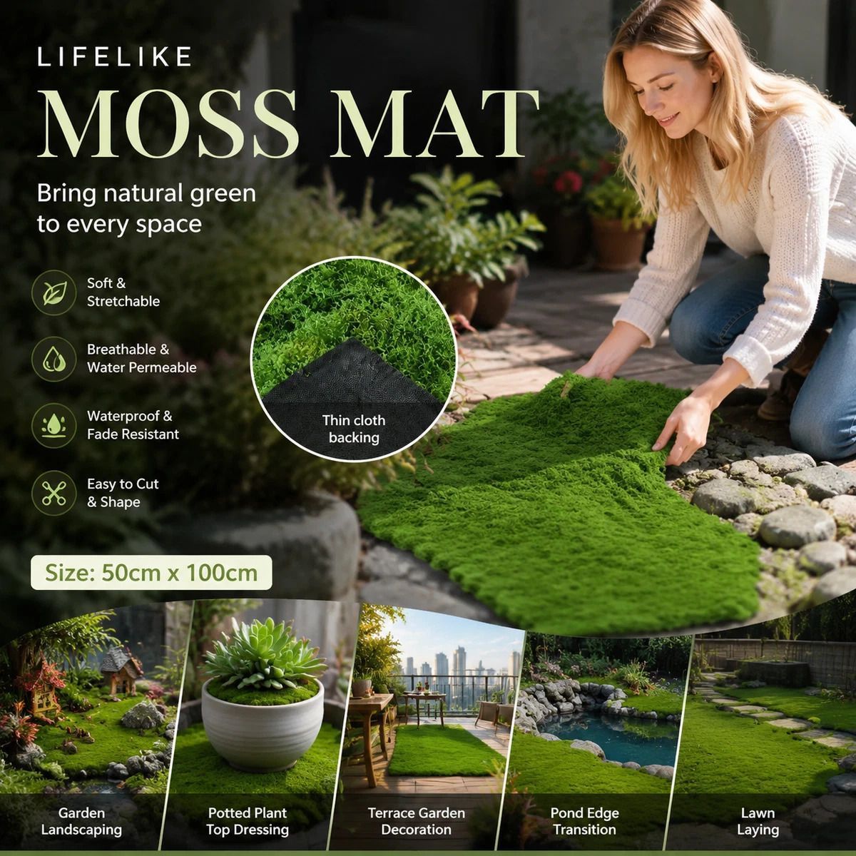 Light Green Preserved Thread Moss Sheet Fabric Backing 50脳100cm Patio Mat - Image 1