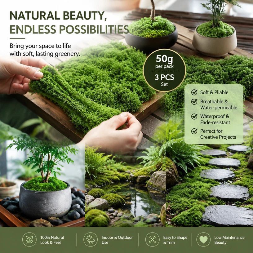 Dark Green Artificial String Moss Terrarium Filler Set of 3 Bags 50g Each - Image 1