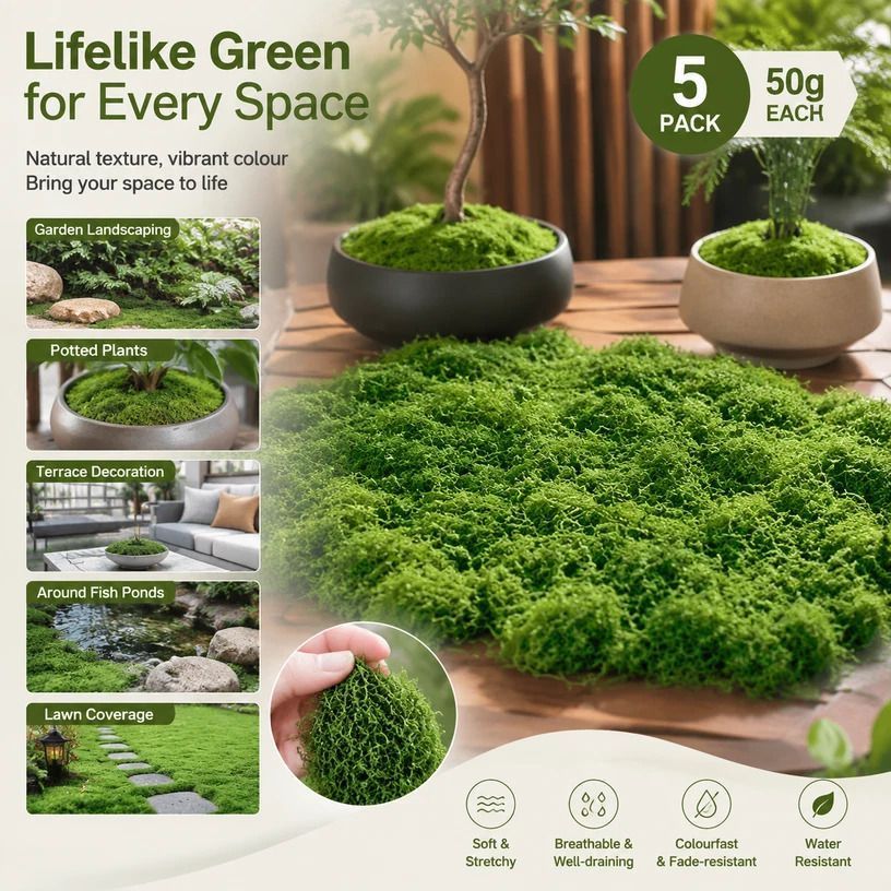 Dark Green Artificial String Moss Terrarium Filler Kit Set of 5 Bags 50g - Image 1