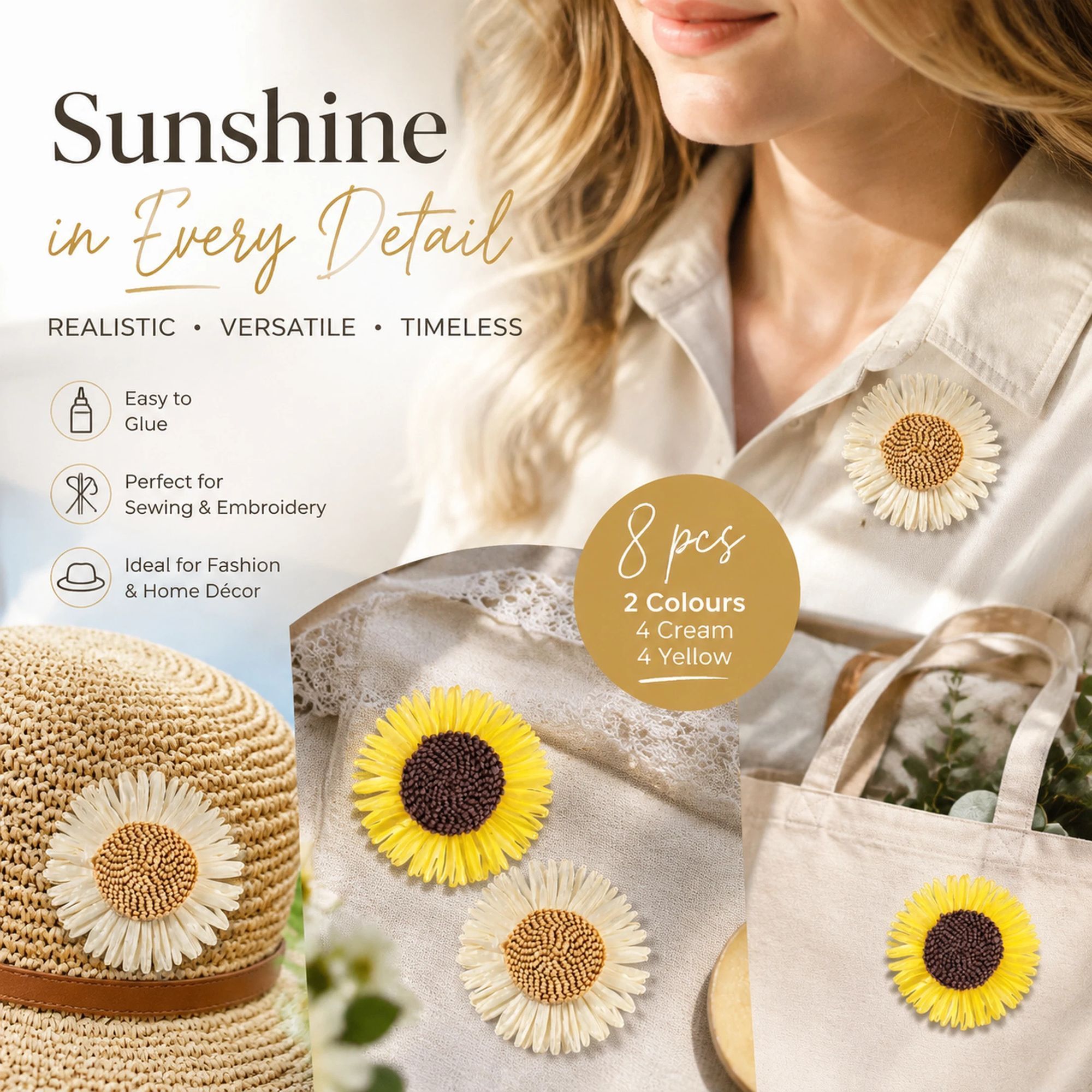 Cream White & Ginger Yellow Mixed Boho Artificial Sunflower Daisy Garment Accessory 8 Pack - Image 1